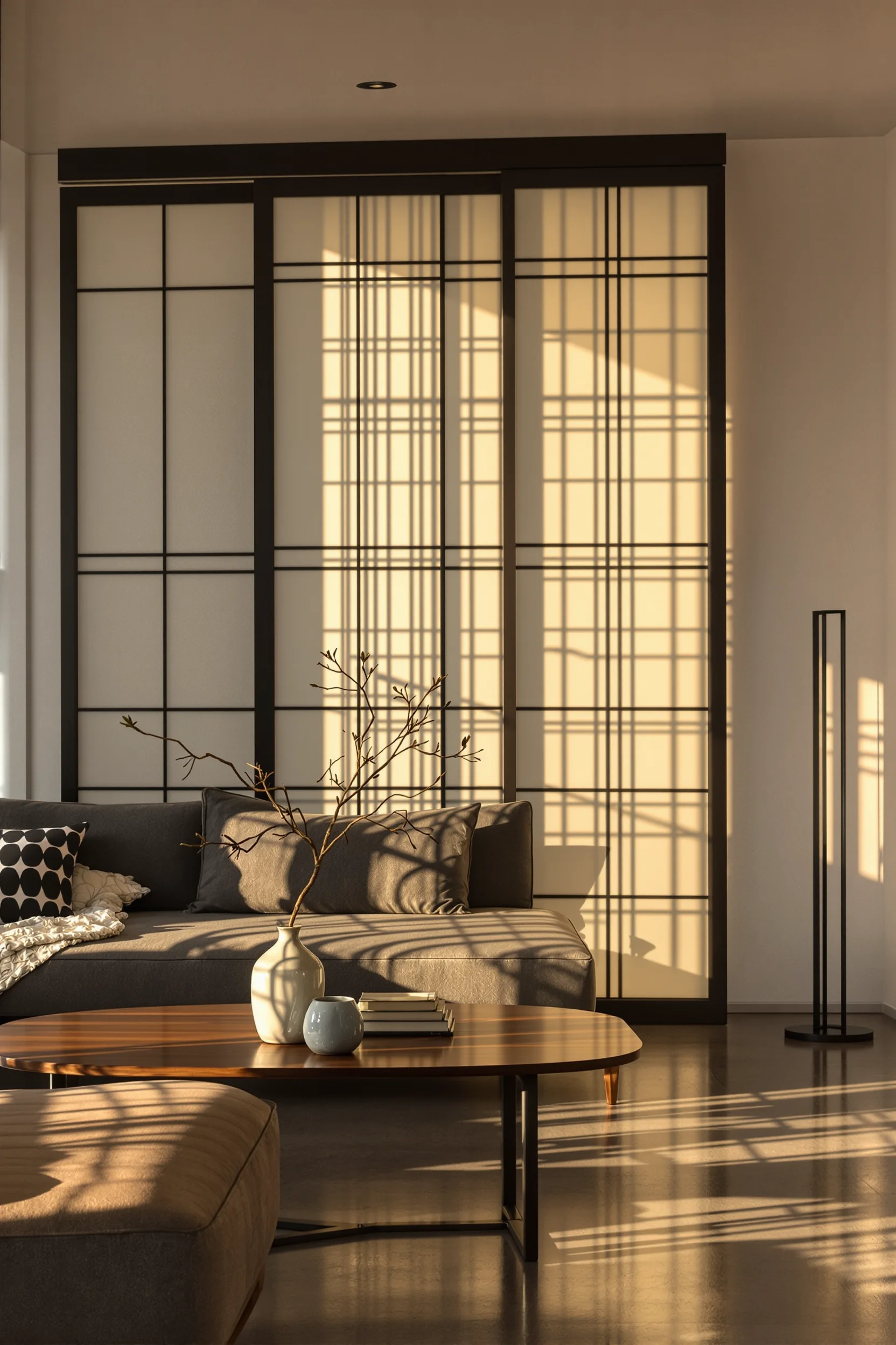 japandi apartment living room ideas featuring charcoal sofa shoji screen divider and warm natural sunlight creating peaceful minimalist space
