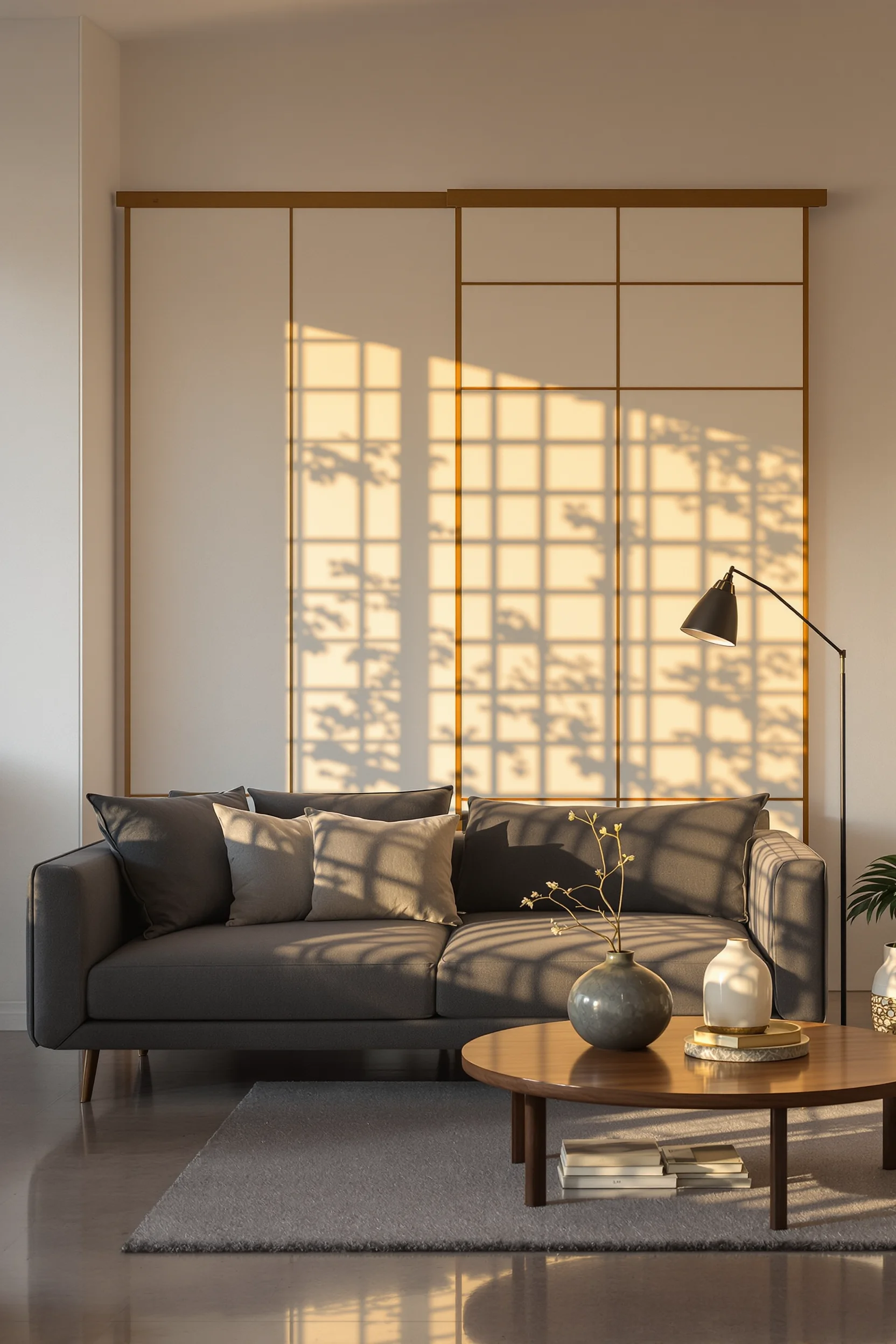 japandi apartment living room inspiration showcasing linen textiles concrete floors black metal lamp and wabi sabi plaster accent wall