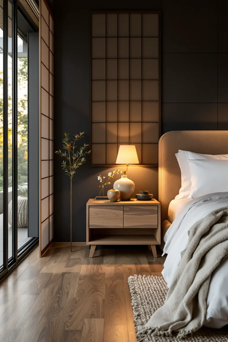 japandi guest room decor aesthetics with live edge wood detail and organic cotton throw on minimalist bed