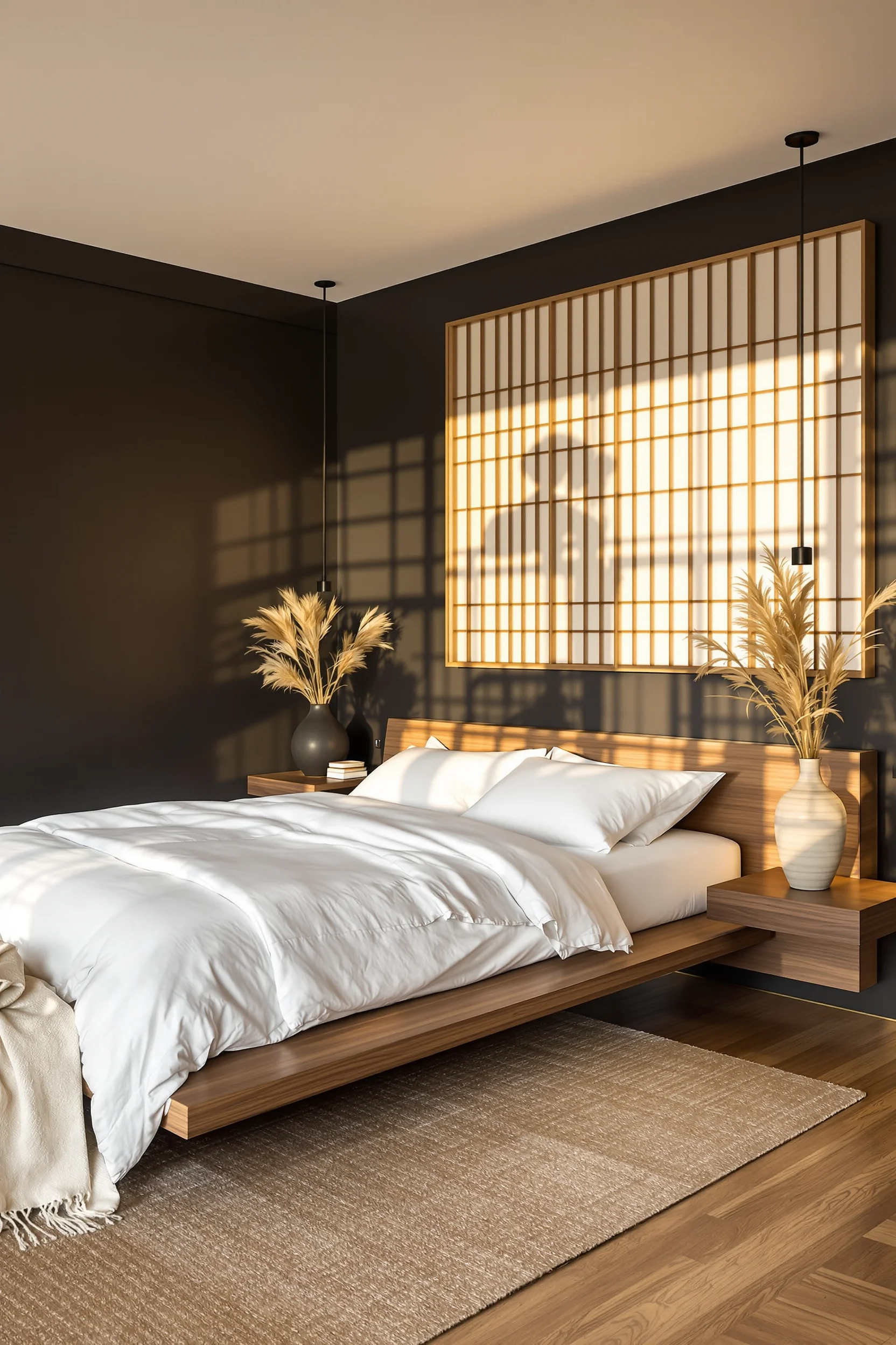 japandi guest room essentials ideas featuring low platform bed with white bedding and charcoal accent wall in minimalist space
