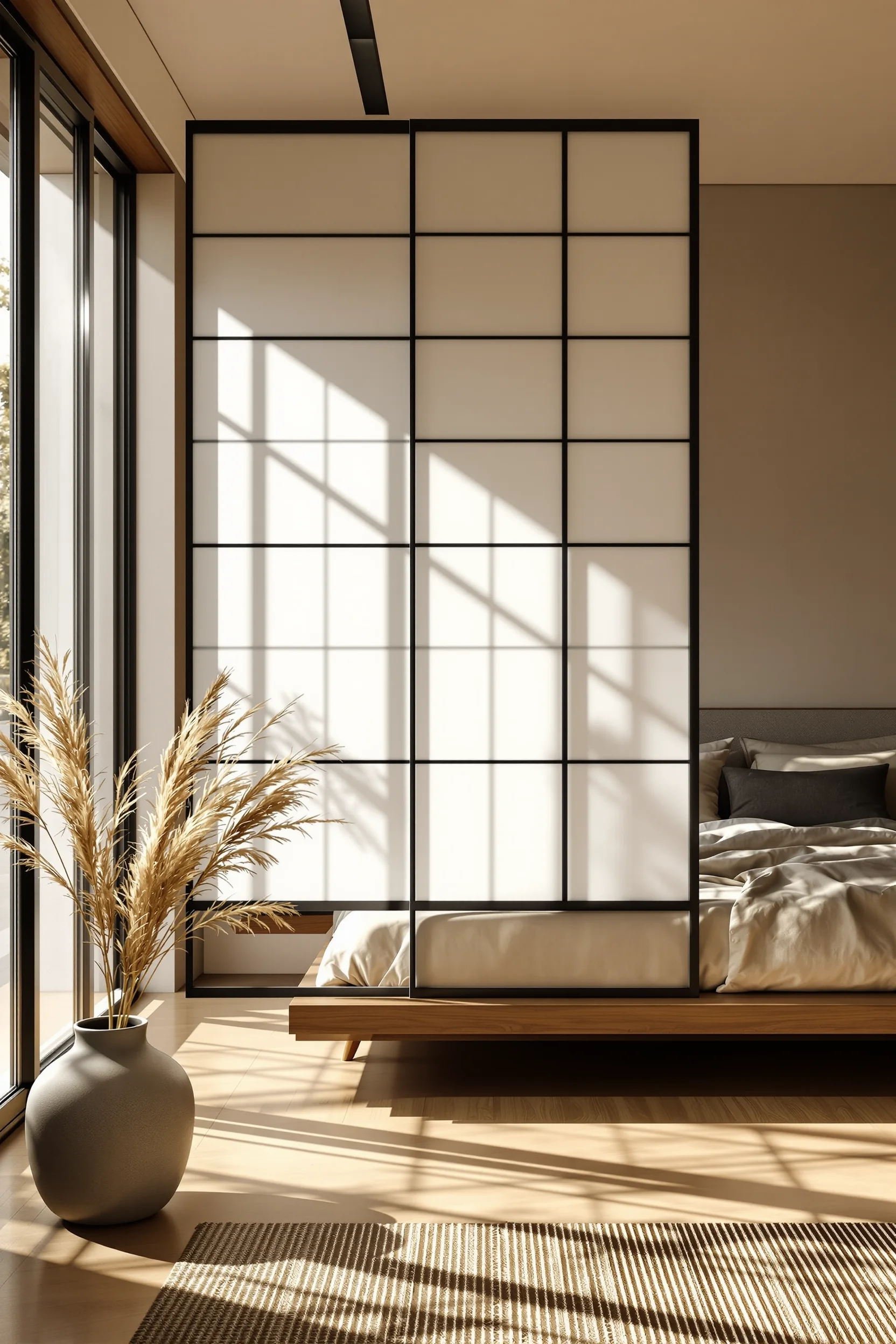 japandi guest room inspiration with matte black frame shoji panel warm wood flooring and golden hour lighting