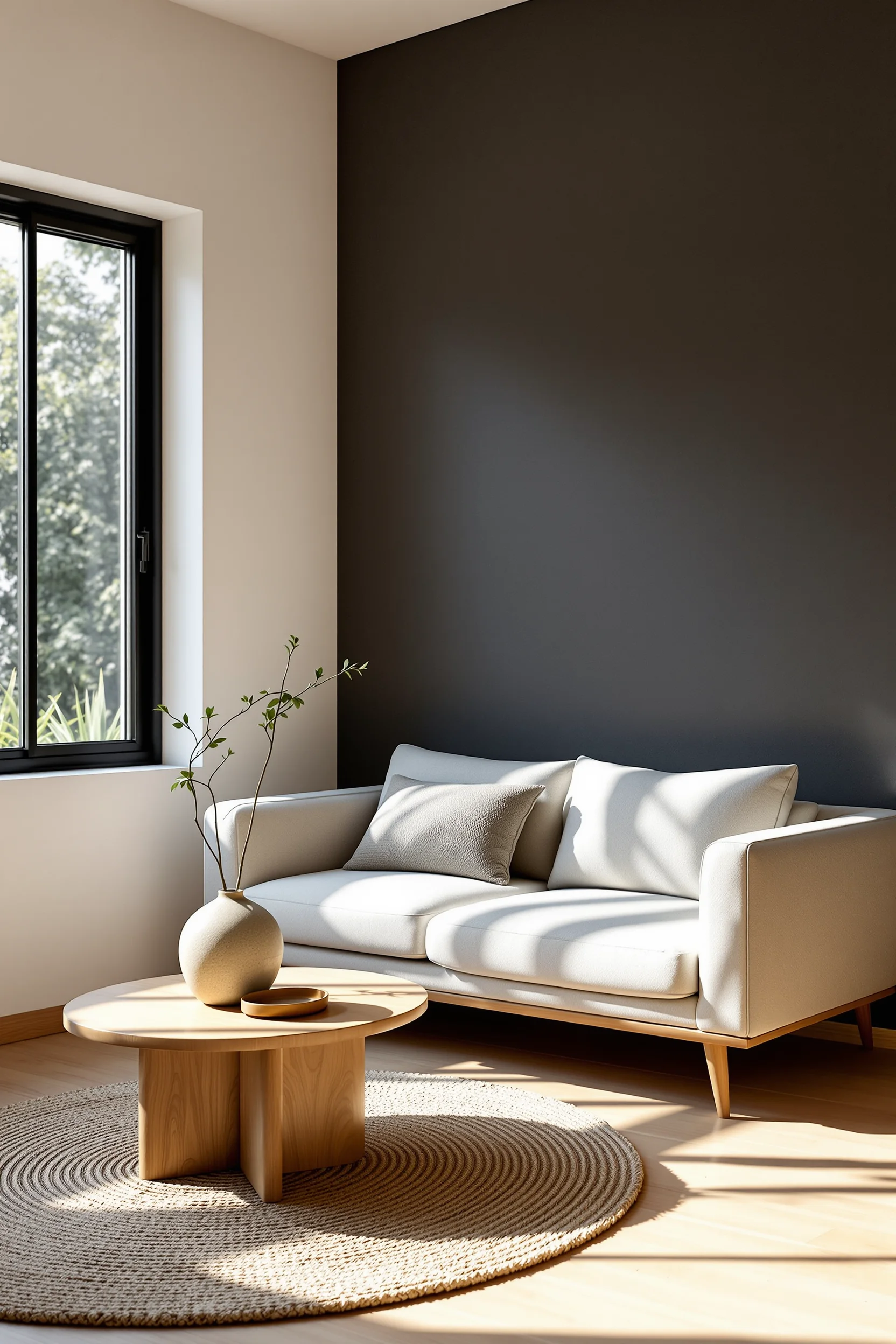 japandi interiors apartment aesthetics highlighting natural afternoon light streaming across light oak floor in serene living area