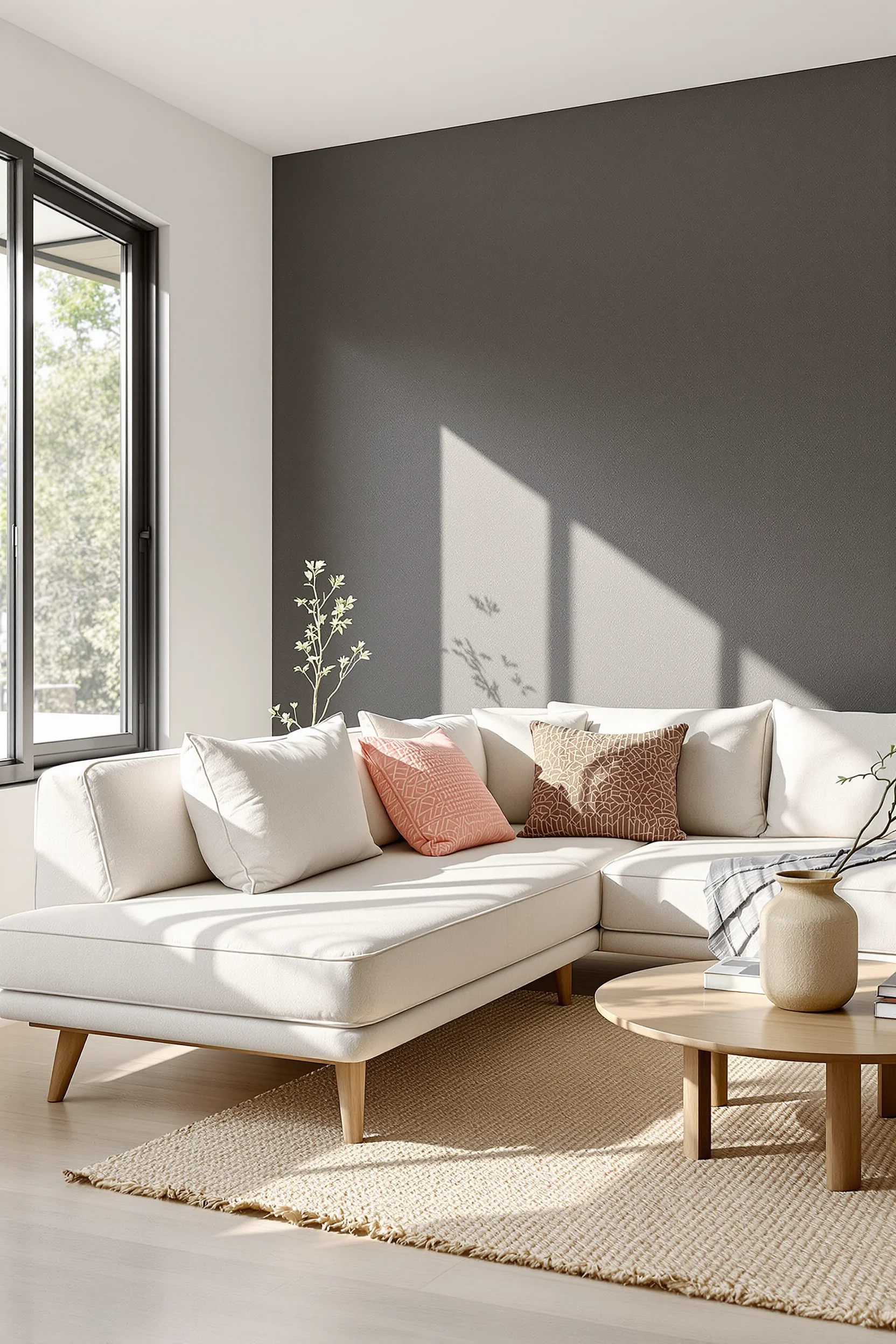 japandi interiors apartment designs showcasing charcoal accent wall linen upholstery and handwoven jute rug in contemporary space