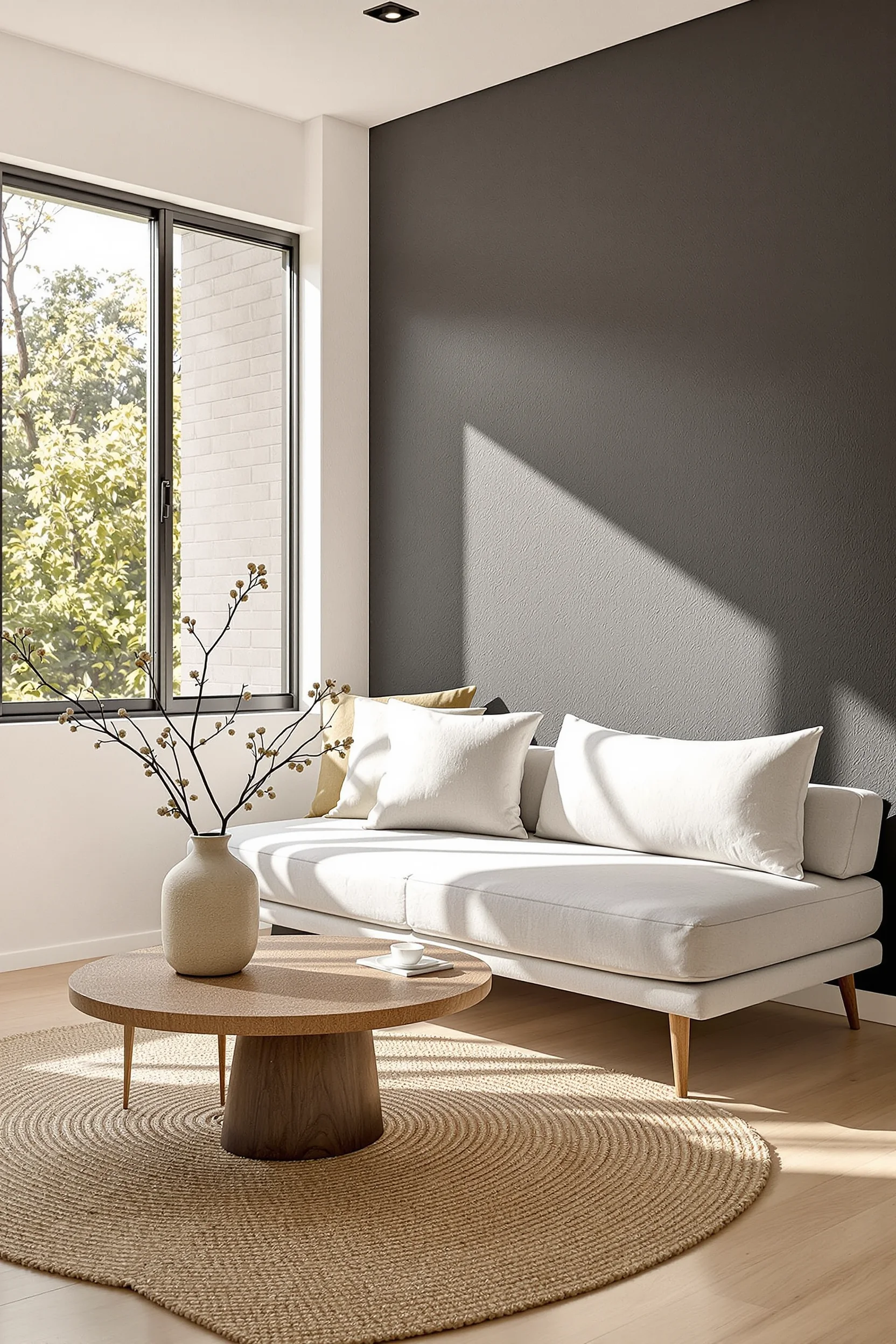 japandi interiors apartment ideas featuring low profile cream sofa black window frame and warm oak flooring in minimalist living room