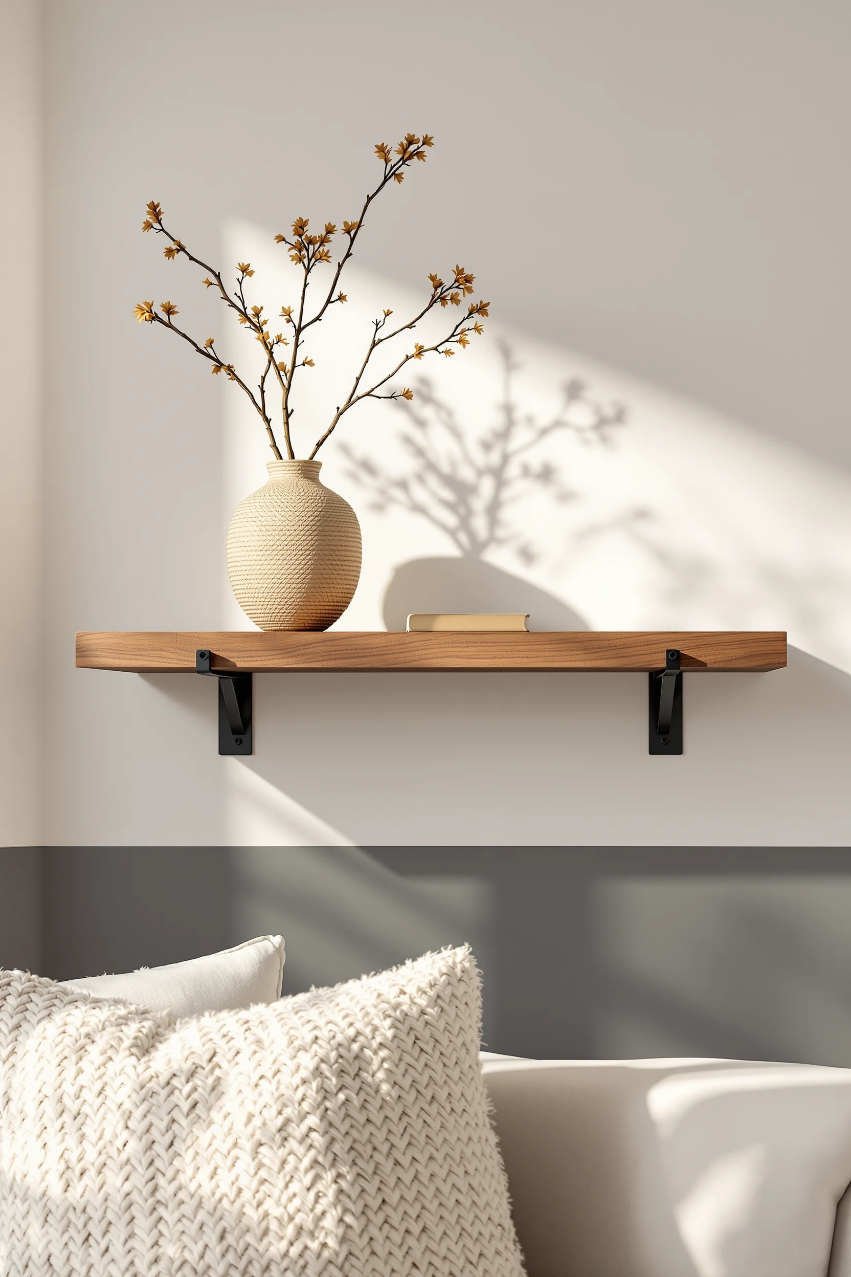 japandi interiors small apartment aesthetics displaying floating shelf with ceramic vase charcoal wall golden hour sunlight modern minimalism