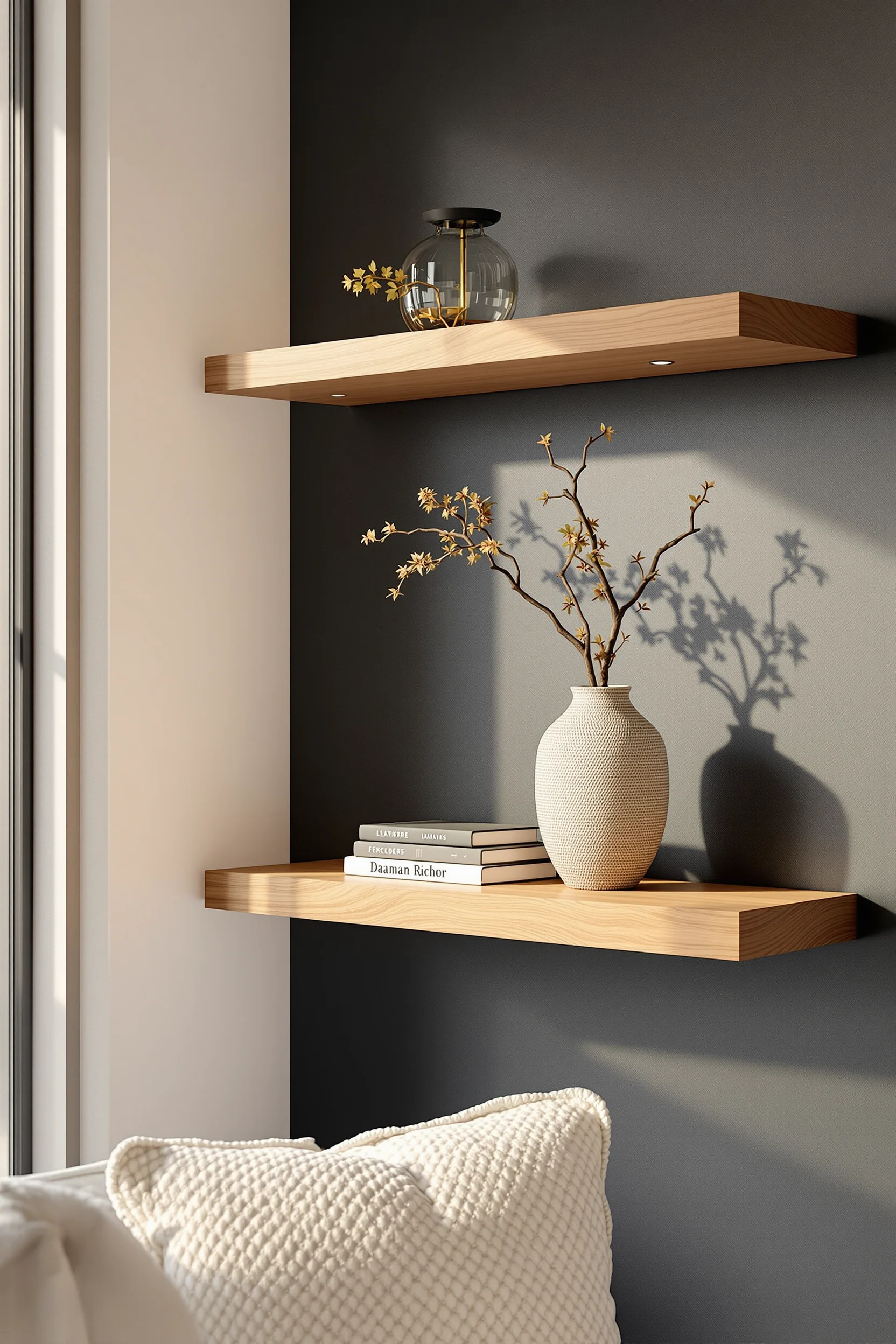 japandi interiors small apartment designs with minimalist wooden shelf matte black brackets handwoven vase warm lighting cream chair