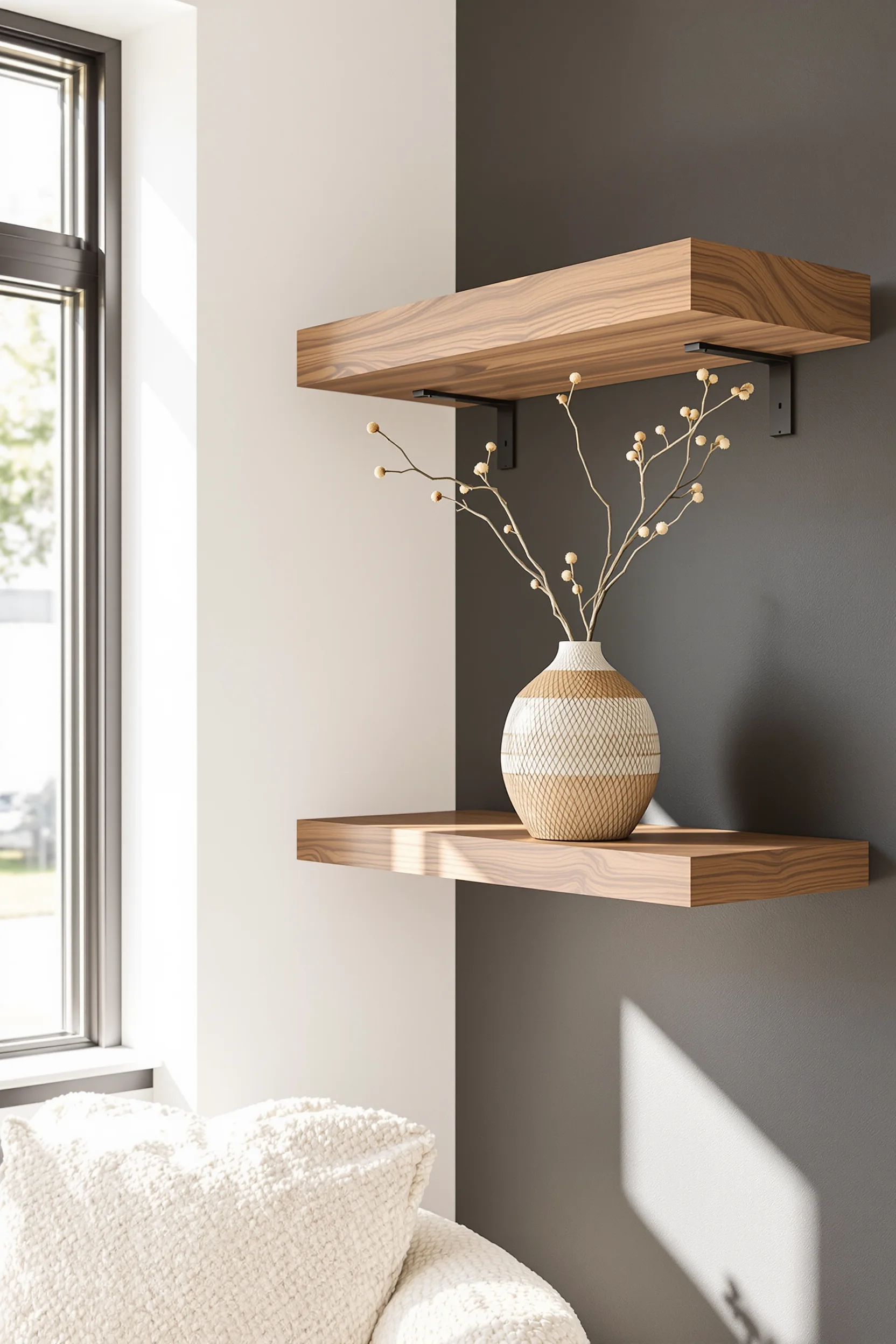 japandi interiors small apartment ideas featuring floating walnut shelf white walls charcoal accents natural sunlight ceramic vase with branch
