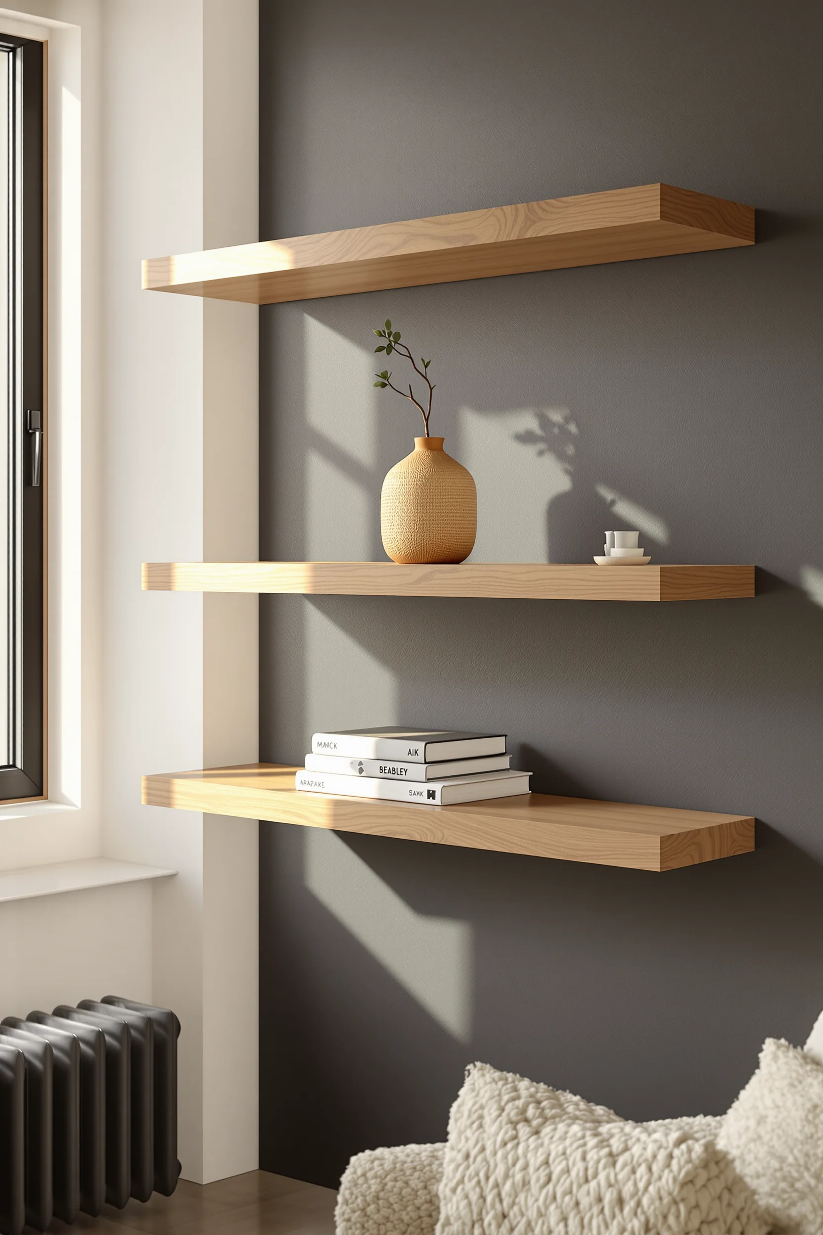 japandi interiors small apartment inspiration showing natural oak shelf against white wall sculptural branch decor soft ambient glow