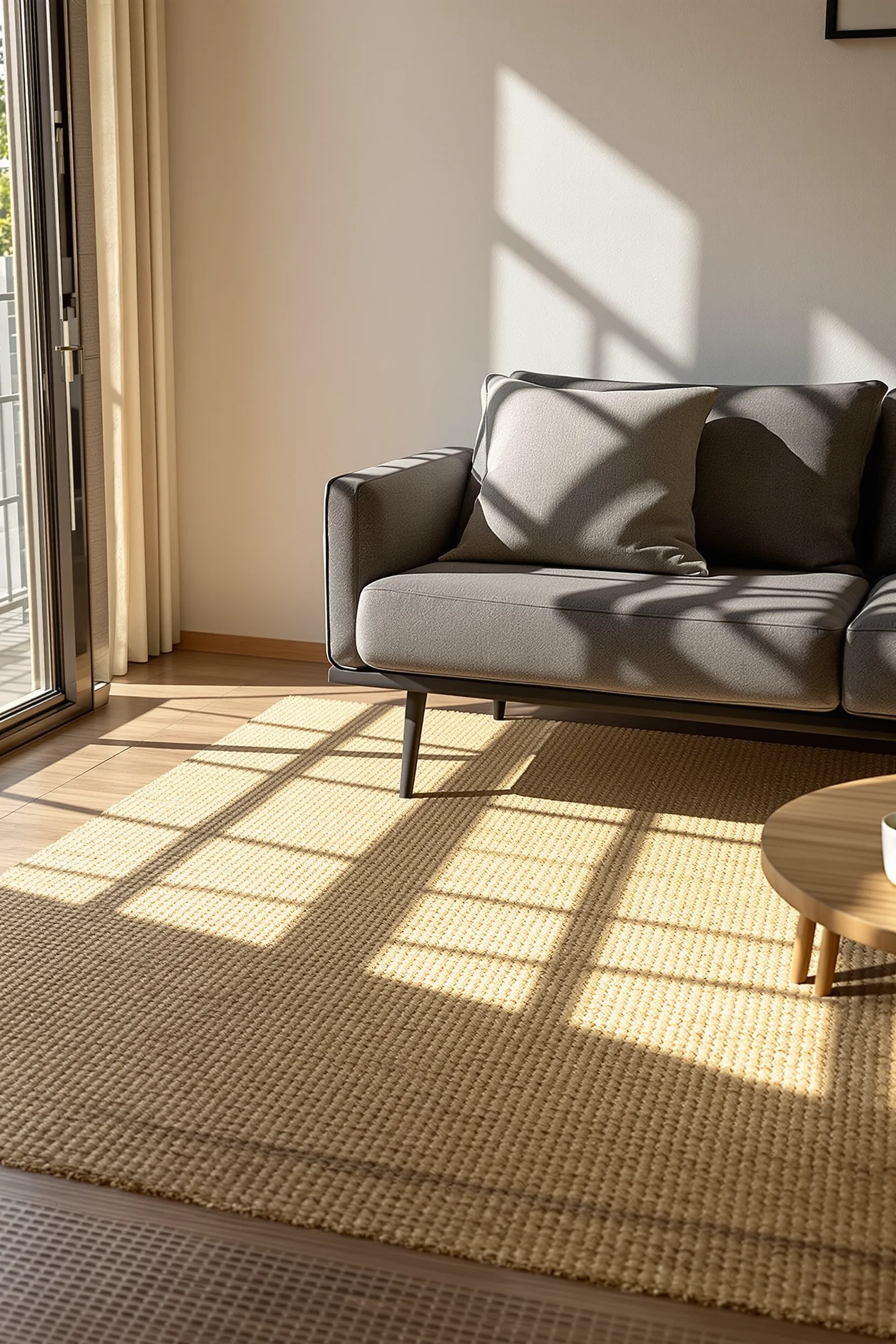 japandi living room apartment aesthetics with natural fiber tatami wood grain table minimalist decor soft ambient glow