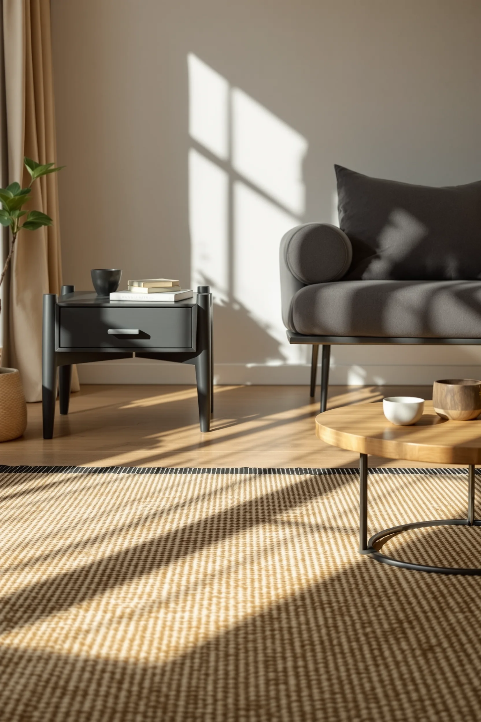 japandi living room apartment designs featuring woven tatami texture solid oak coffee table gray linen cushion ceramic tea cup