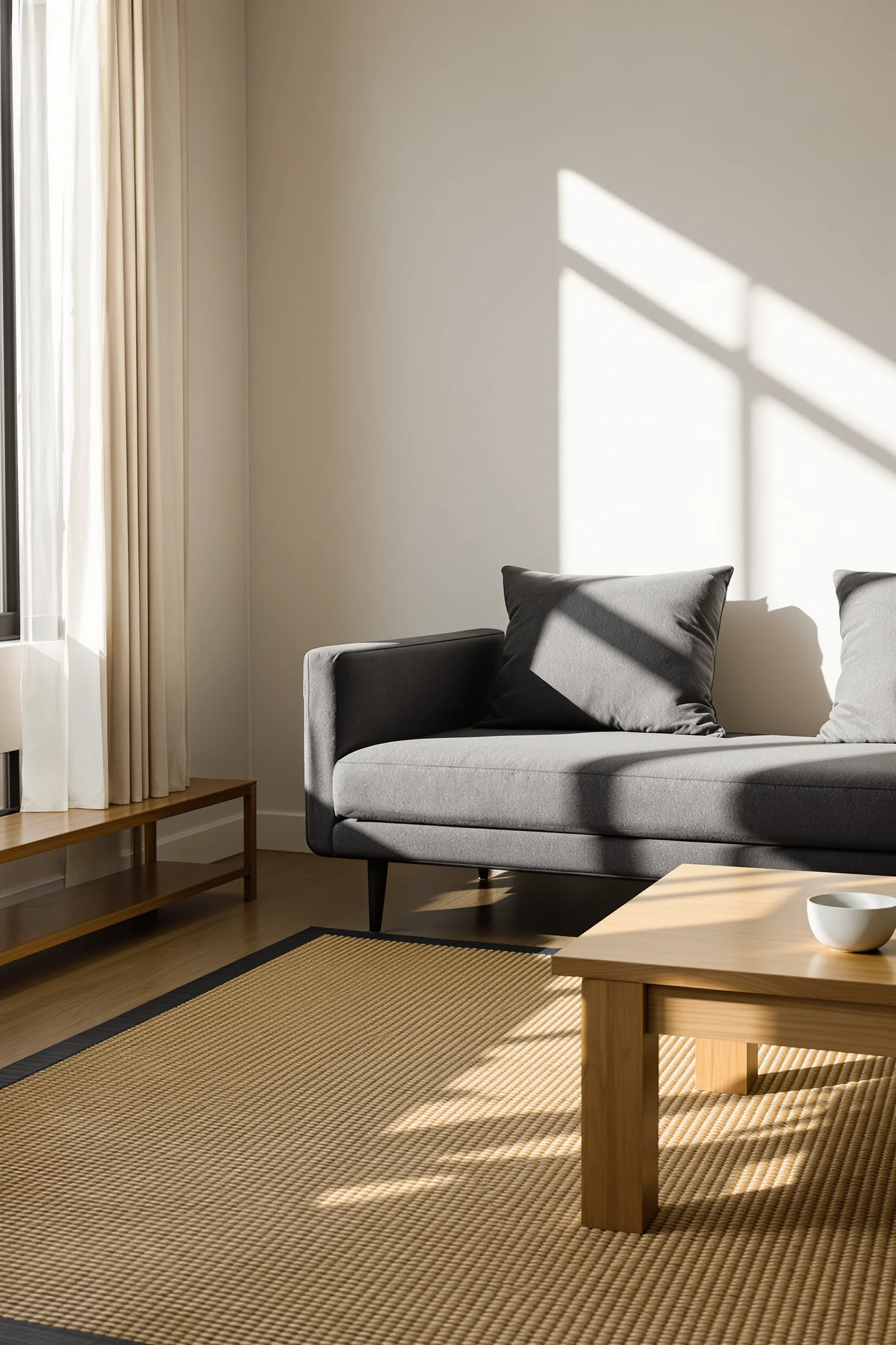 japandi living room apartment ideas with natural tatami mat flooring black low profile furniture white walls warm sunlight