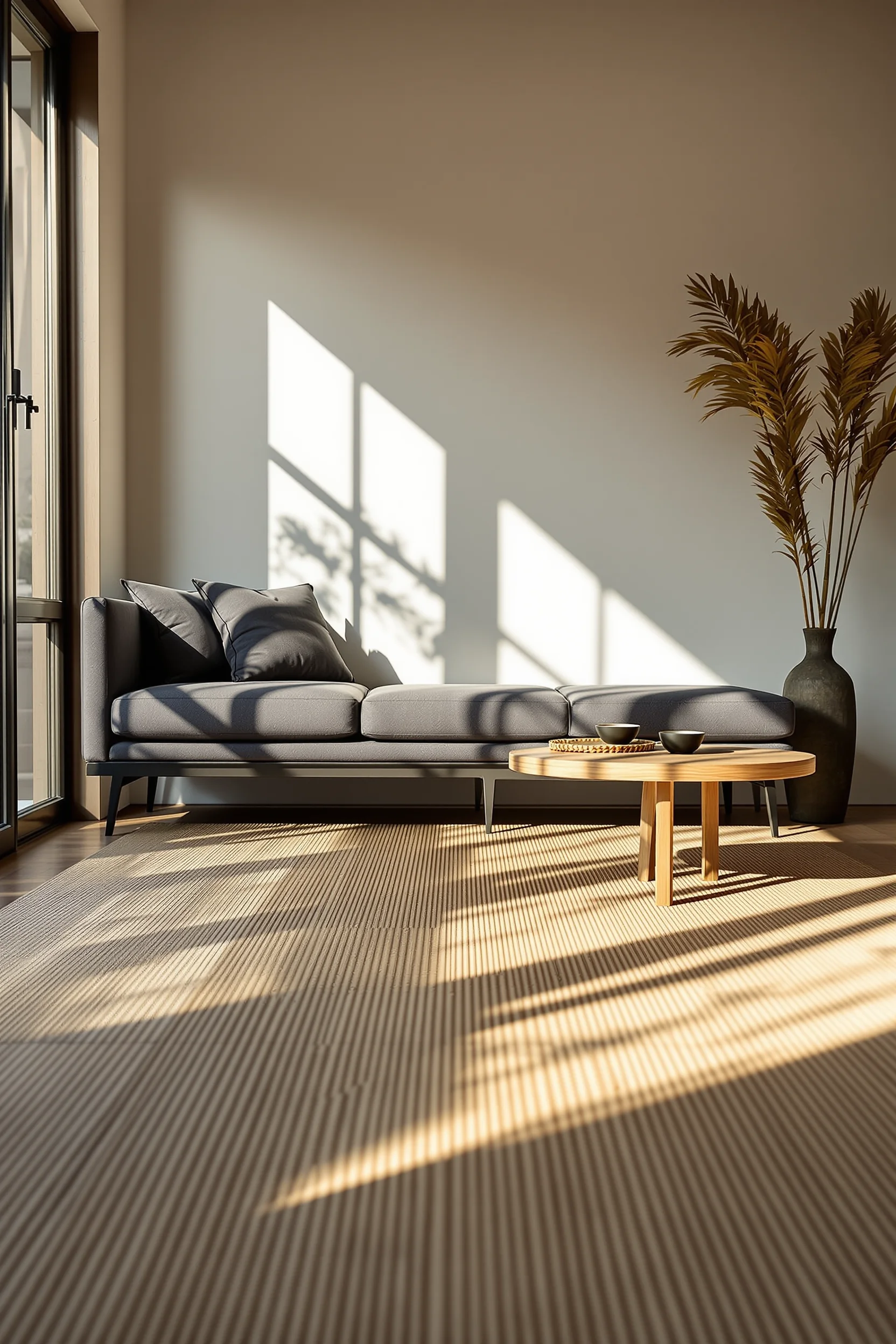 japandi living room apartment inspiration showcasing handwoven floor mat detail matte black furniture dramatic afternoon light shadows