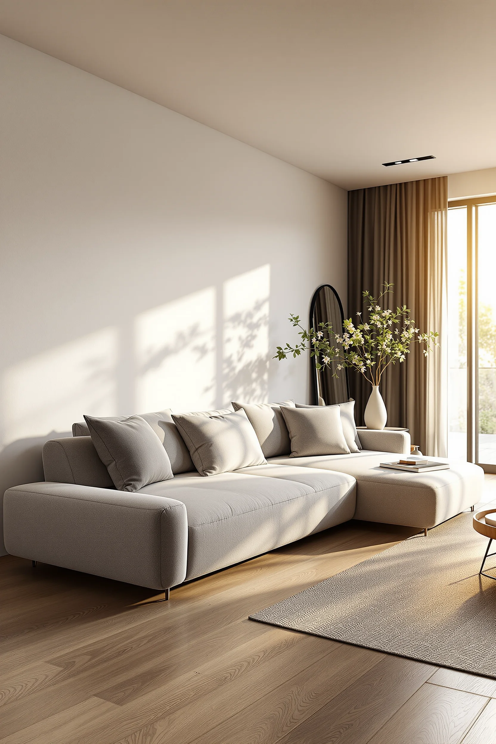 japandi living room small apartment aesthetics highlighting stark white walls contrasting charcoal accent wall with natural wood grain flooring visible