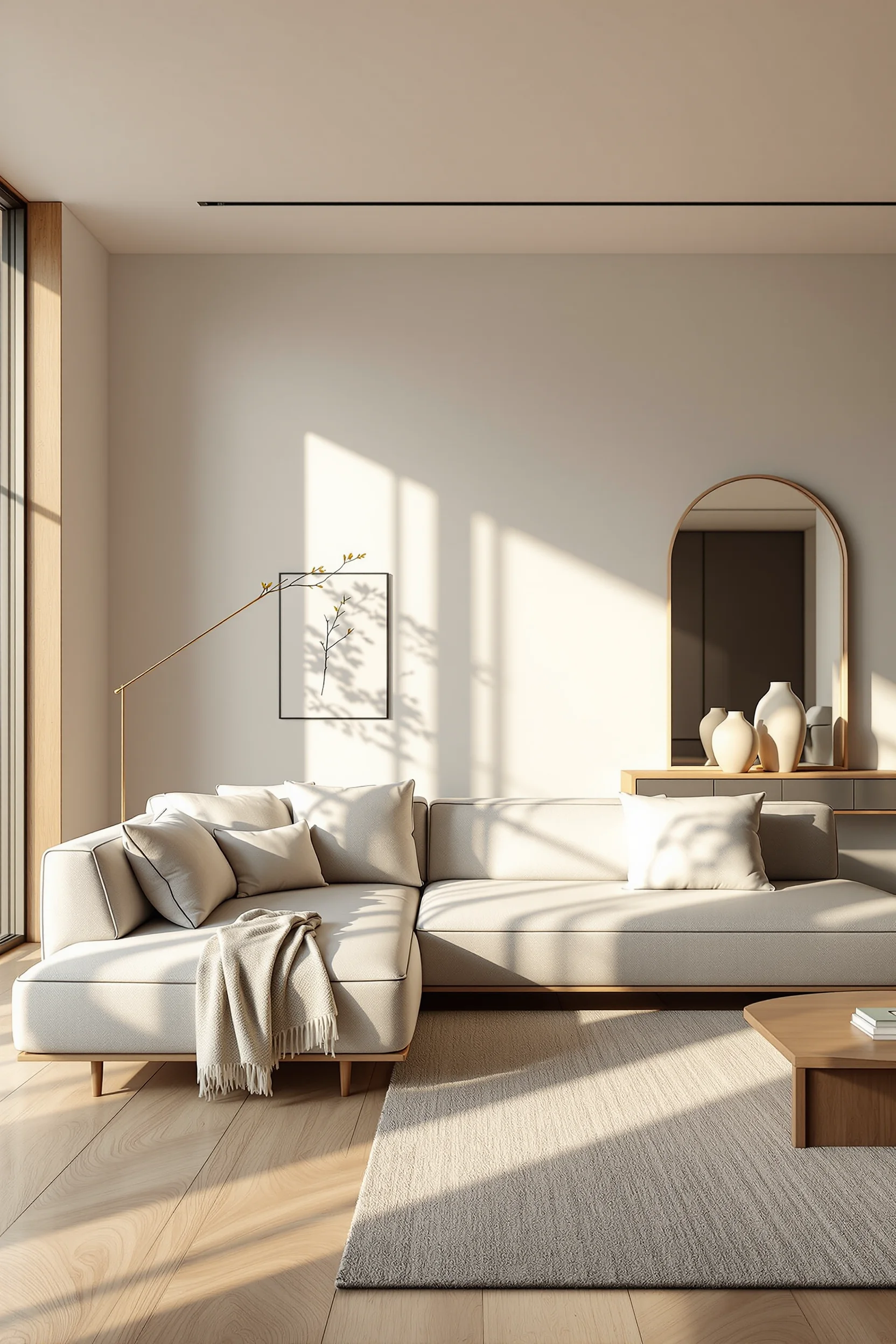 japandi living room small apartment designs showcasing floor to ceiling window with arched mirror reflecting golden hour sunlight through minimal space