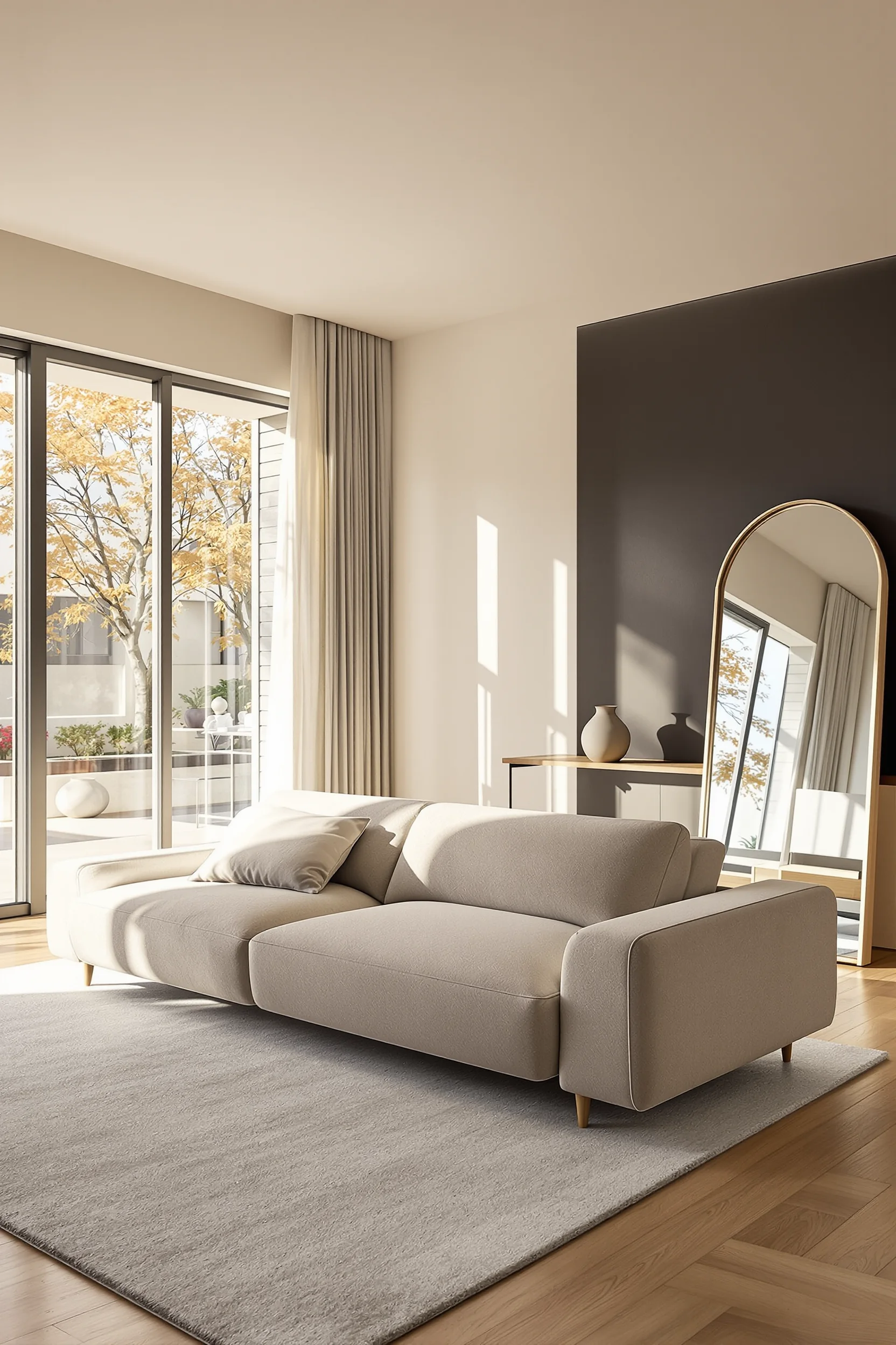 japandi living room small apartment ideas featuring oversized low profile sofa with natural oak flooring and charcoal accent wall