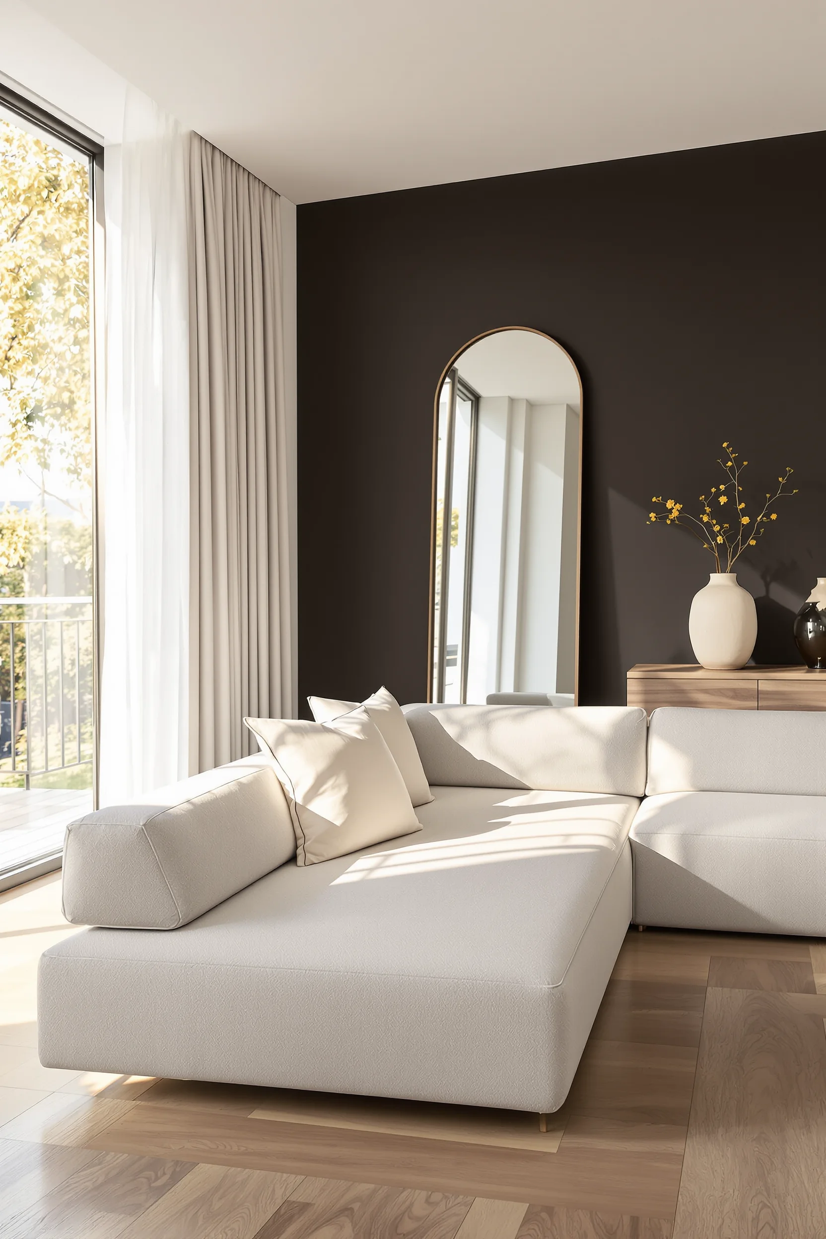 japandi living room small apartment inspiration displaying sculptural ceramic vase on minimalist console with plush neutral linen textiles and warm lighting