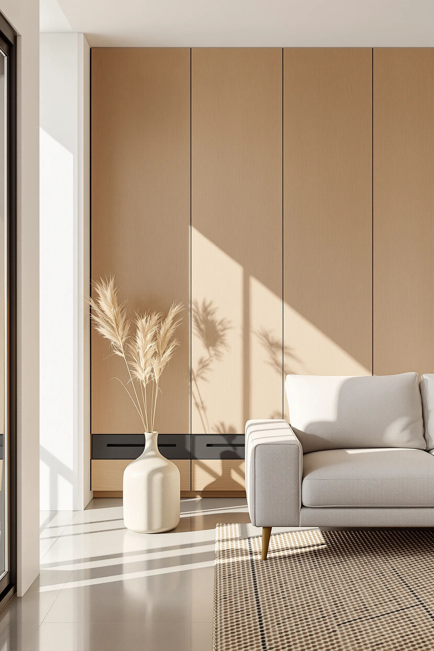 japandi small apartment aesthetics displaying seamless storage panel natural lighting and minimalist decor with ceramic vase and organic elements