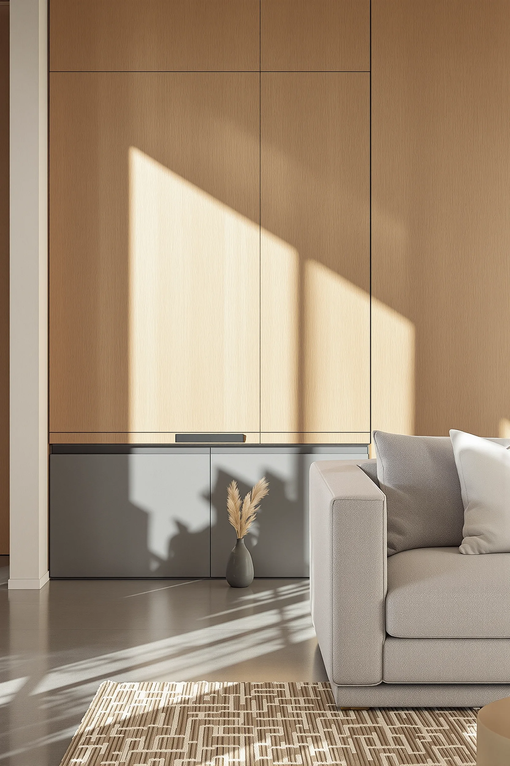 japandi small apartment designs showing minimalist living space with textured sofa dried pampas grass and polished concrete flooring