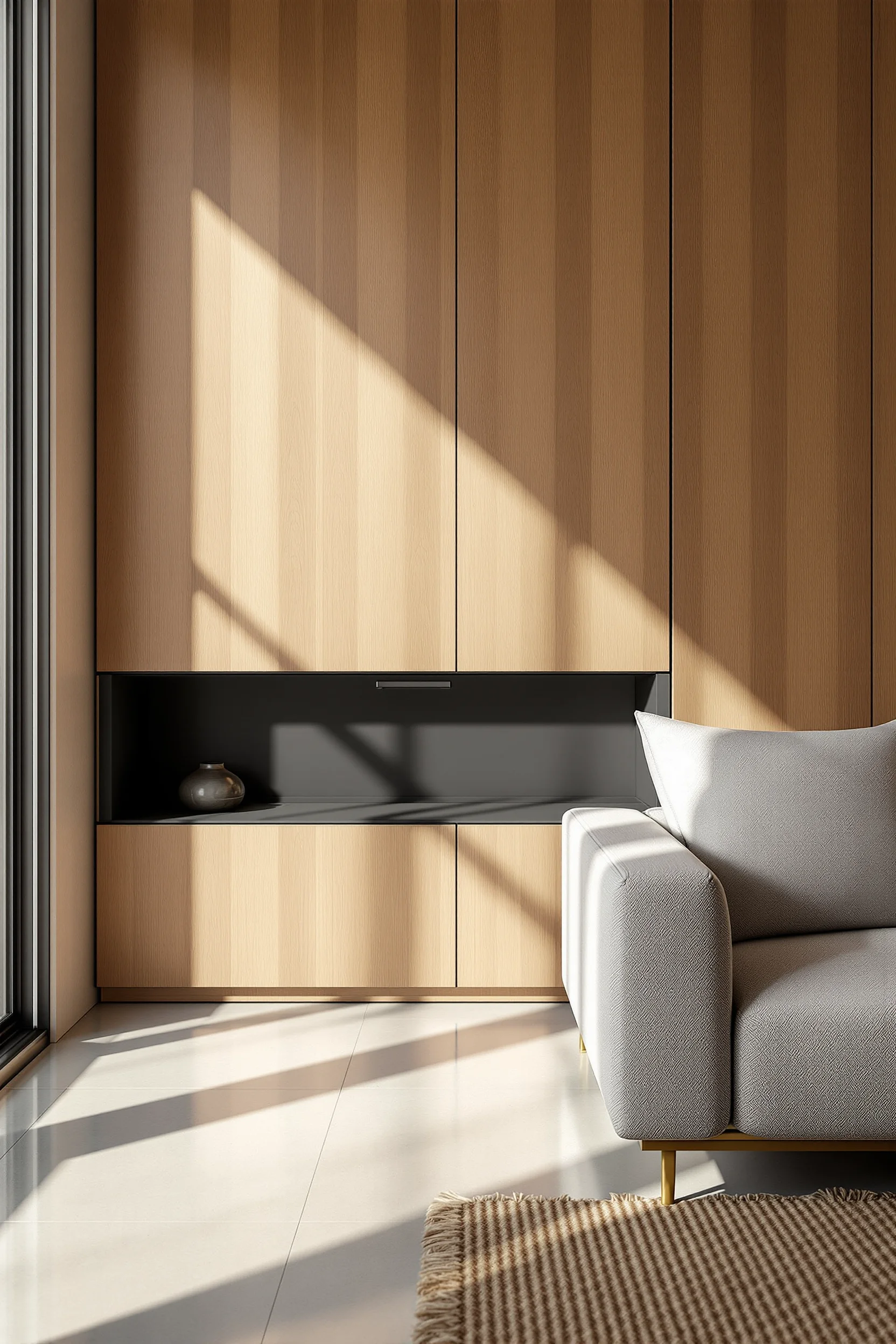 japandi small apartment ideas featuring concealed wall storage with matte black handle against warm oak wood grain and linen sofa