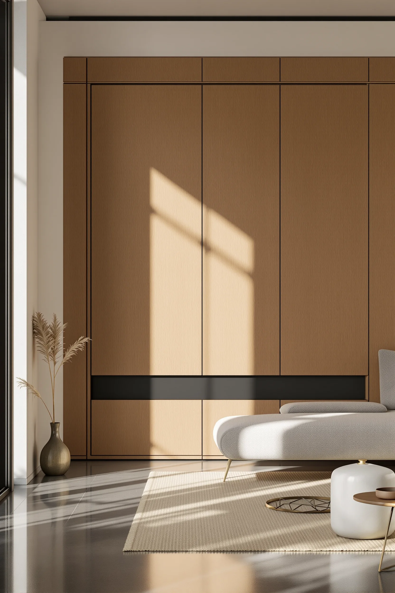 japandi small apartment inspiration with geometric jute rug brushed brass accents and layered neutral tones in modern living room