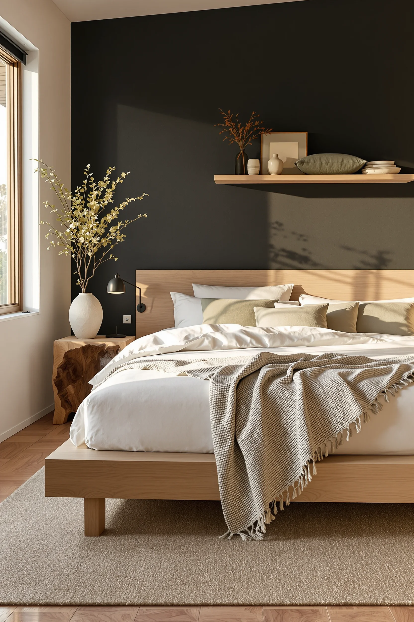 japandi small guest room ideas featuring cream linen bedding and dark charcoal accent wall with natural oak platform bed