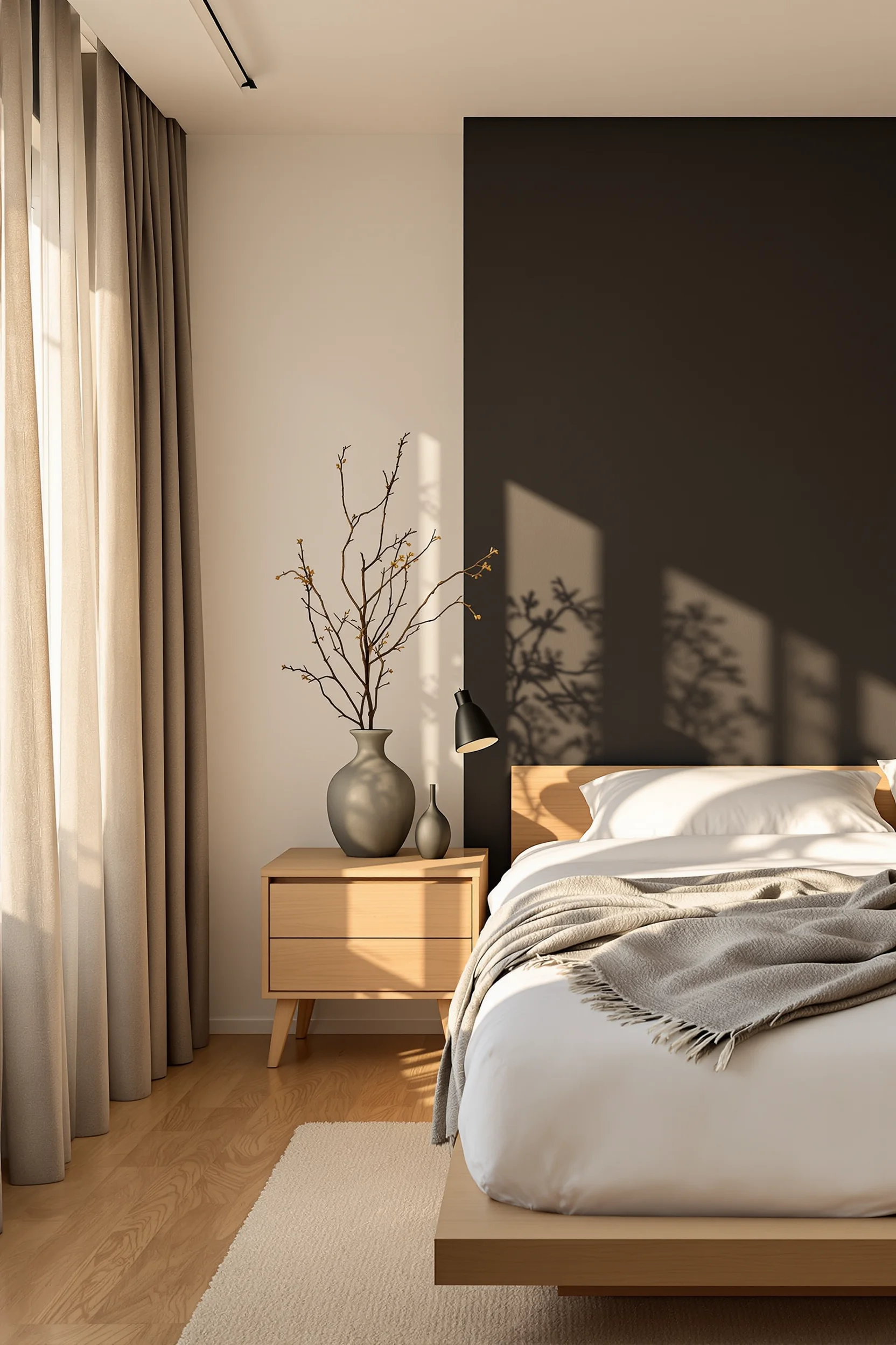 japandi small guest room ideas featuring low platform bed with white linens and natural oak nightstand against charcoal wall