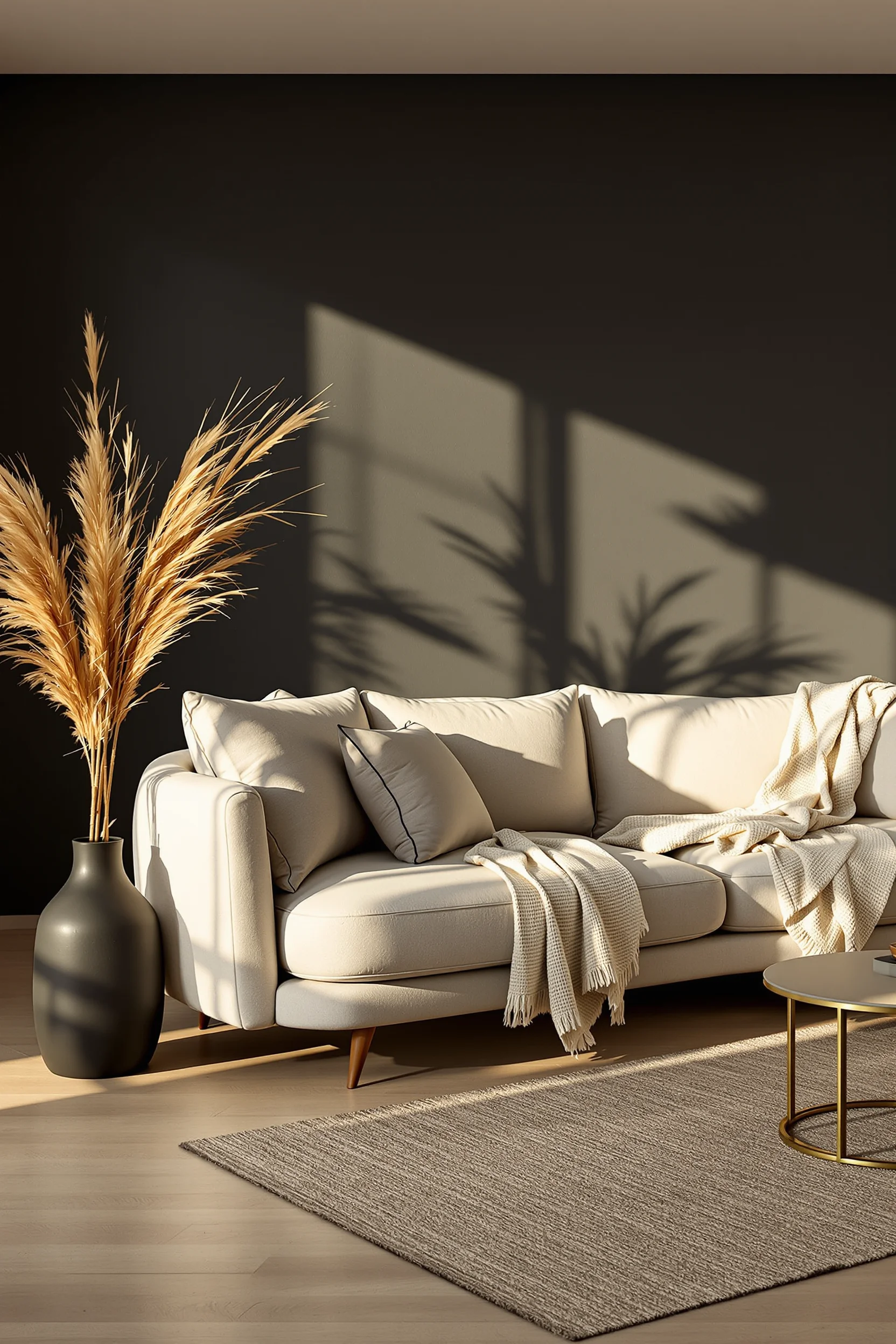 japandi studio apartment aesthetics displaying warm neutral palette handwoven rug matte black accents brushed brass furniture