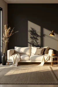 japandi studio apartment designs with golden hour light black ceramic vase cream throw blanket brass side table details