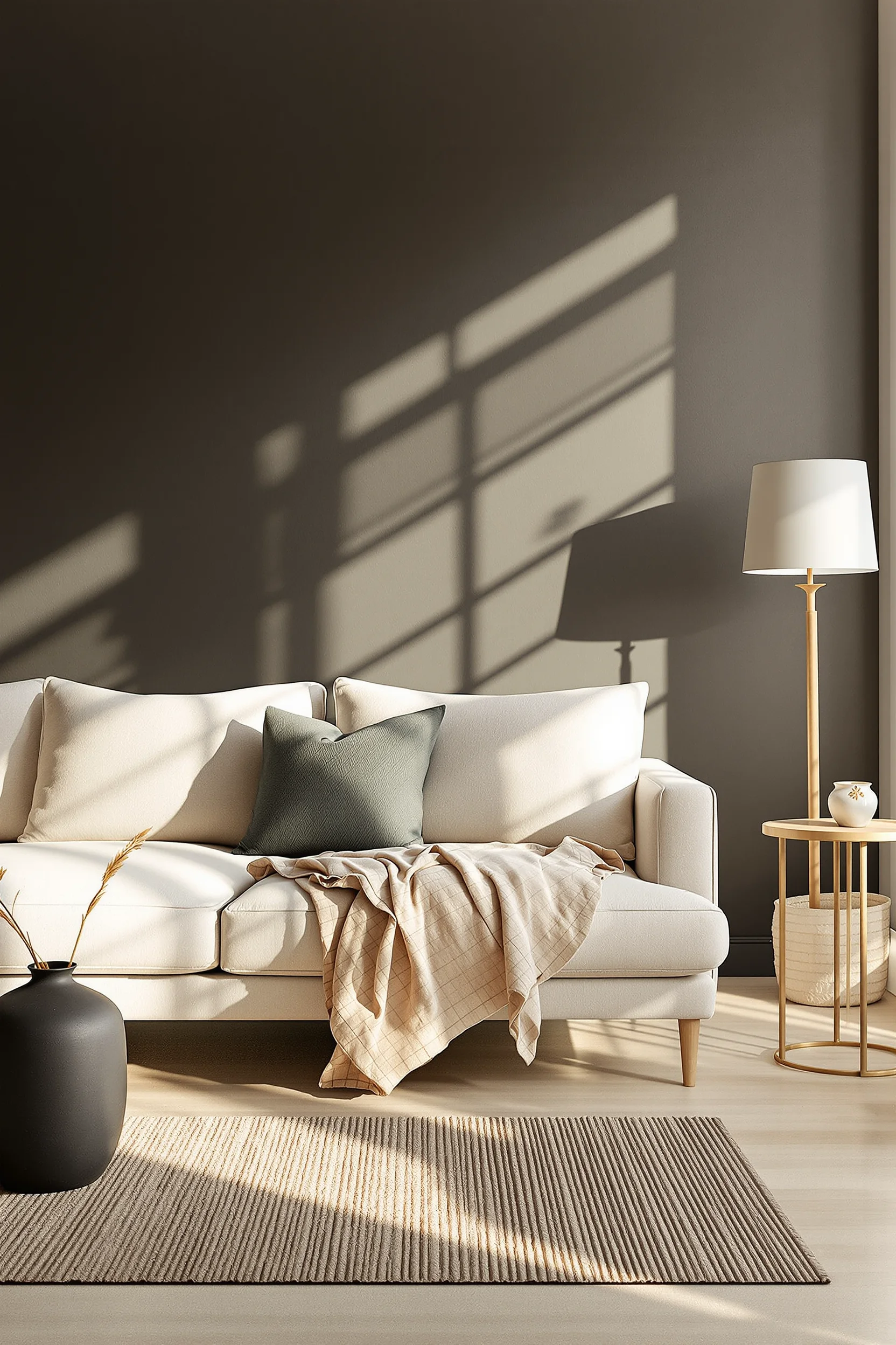 japandi studio apartment ideas featuring beige linen sofa charcoal wall warm oak flooring natural fiber rug minimalist decor