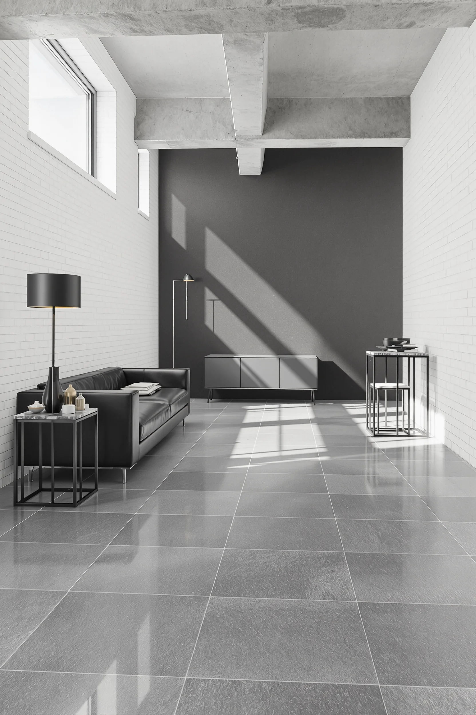 minimalist basement aesthetics displaying seamless tile floors strong shadow patterns low profile seating polished concrete ceiling details