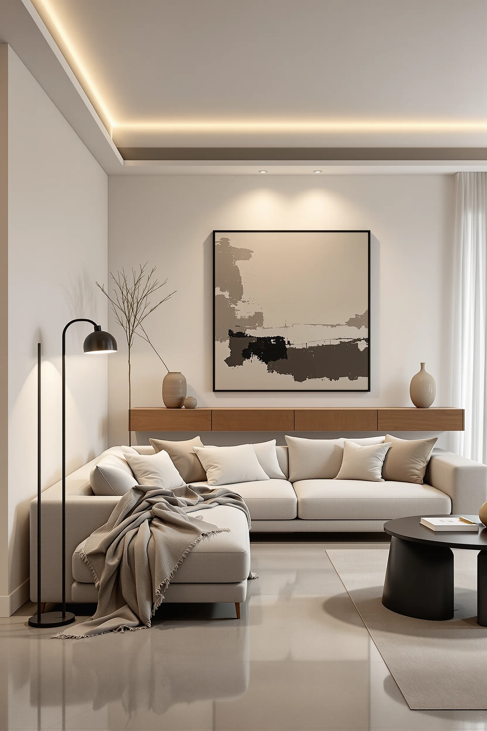 minimalist basement aesthetics with layered neutrals cashmere throw ceramic vase and soft natural light through sheer fabric curtains