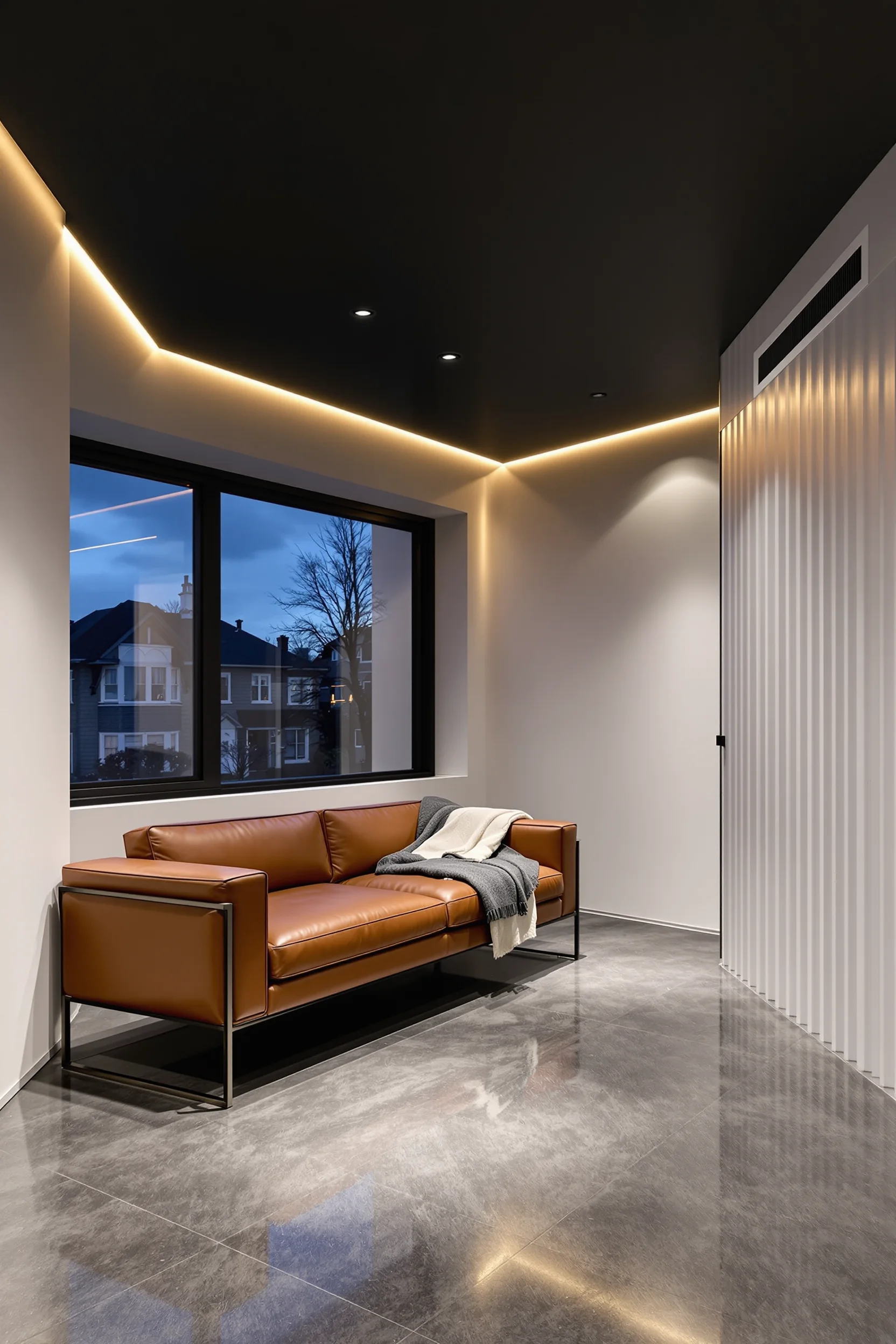 minimalist basement bedroom aesthetics highlighting warm lighting contrast with sleek black ceiling and minimalist decor elements