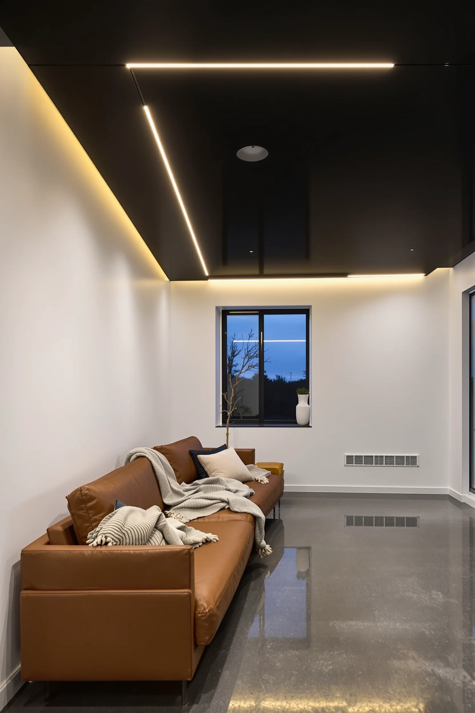 minimalist basement bedroom designs showcasing golden led lighting against dark ceiling with leather sofa and concrete floors