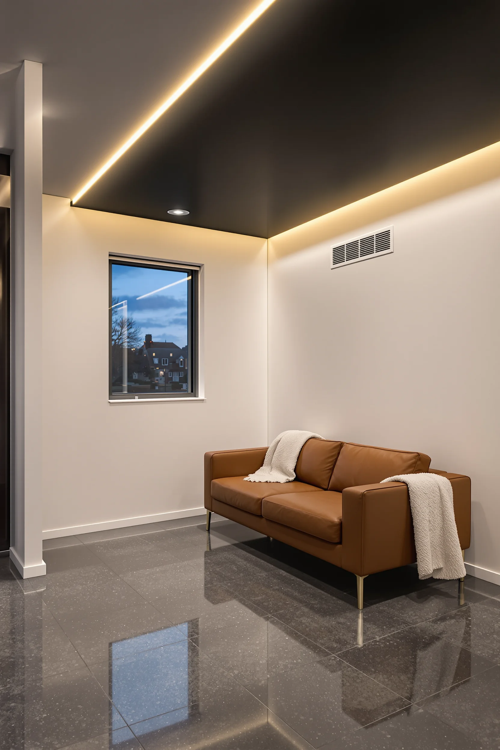 minimalist basement bedroom ideas featuring dramatic black ceiling with recessed lighting and white walls creating serene atmosphere