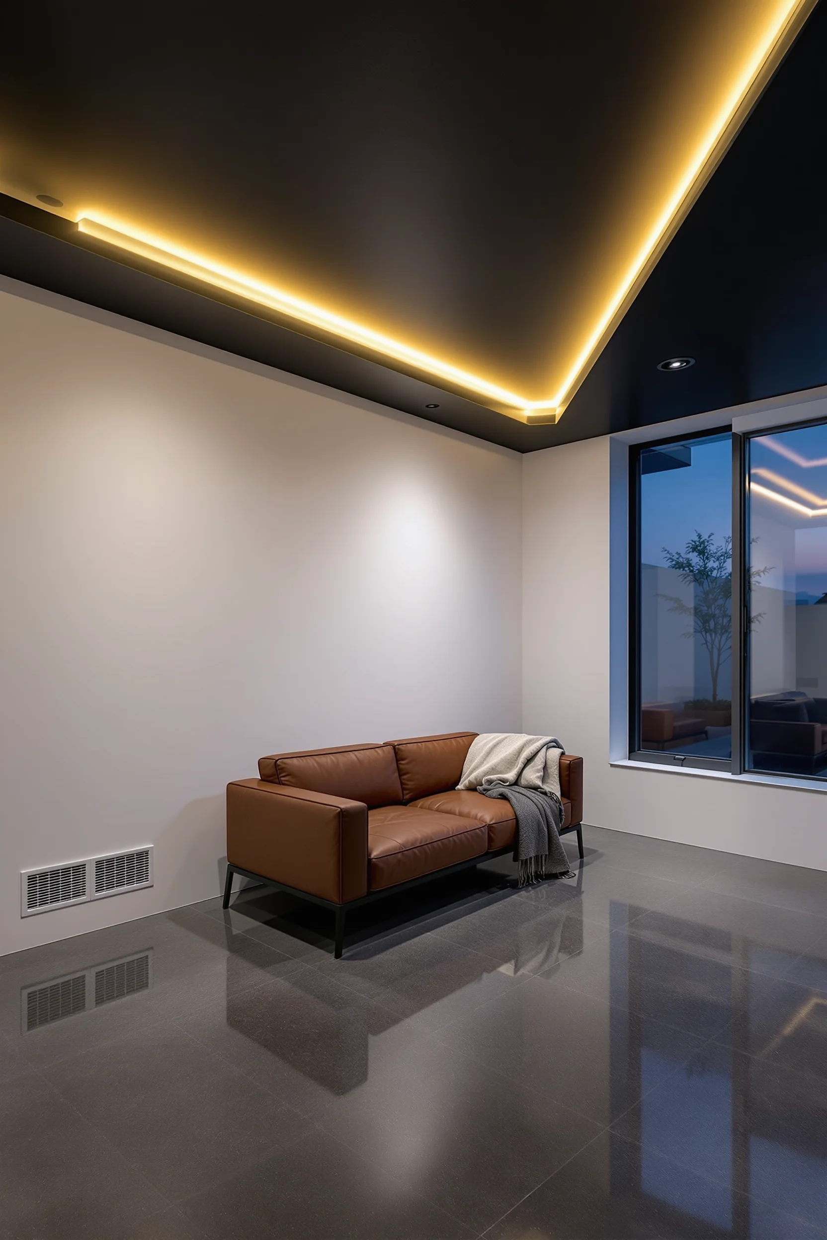 minimalist basement bedroom inspiration displaying ambient recessed lighting with modern furniture and floor to ceiling windows