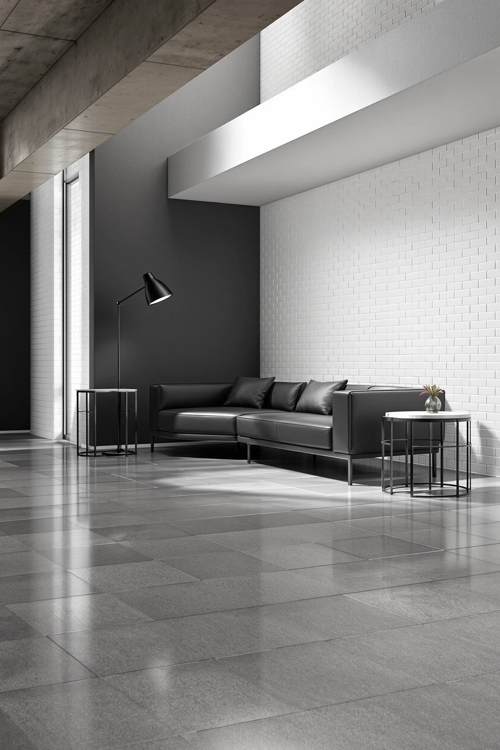 minimalist basement designs showcasing large format tile black leather sofa sculptural floor lamp concrete beam geometric side table