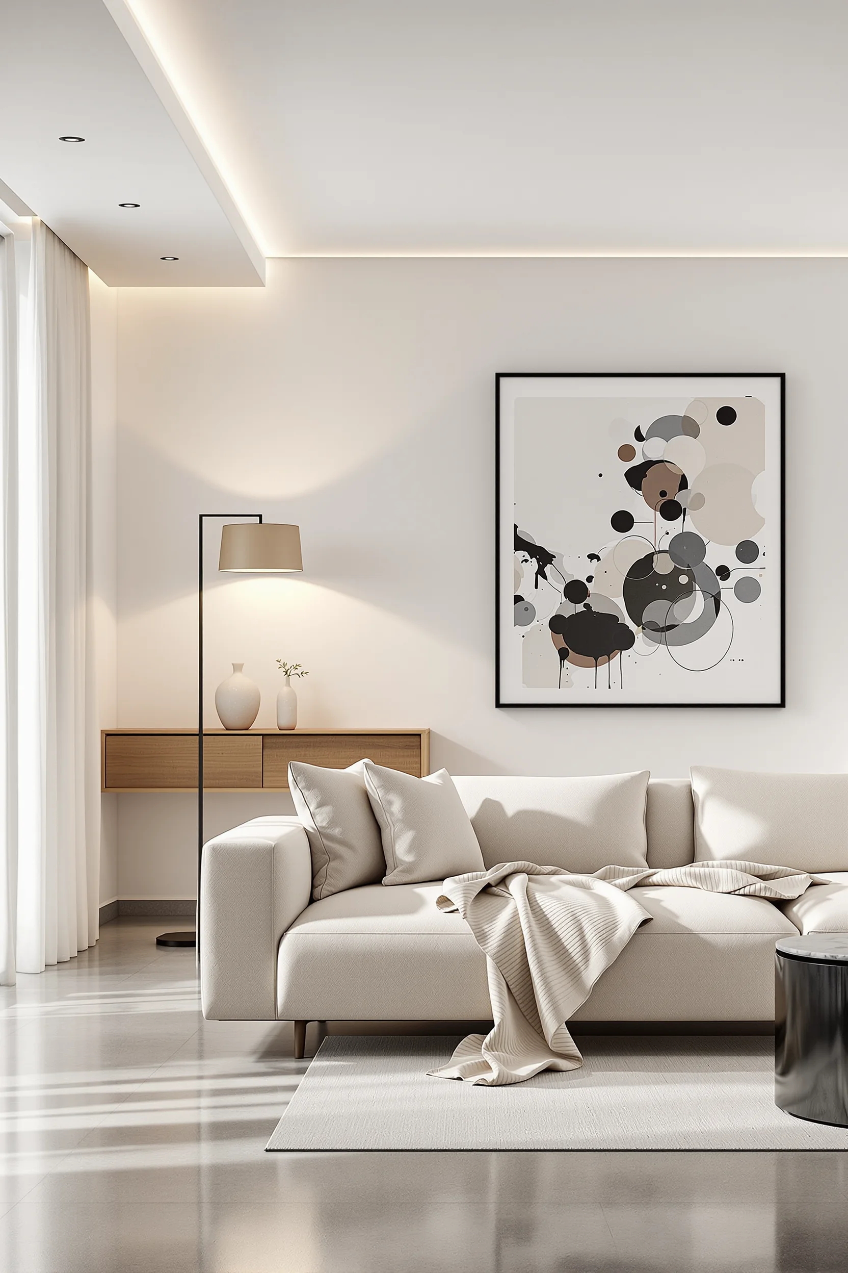 minimalist basement designs with neutral color palette architectural floor lamp floating oak shelf and floor to ceiling sheer windows