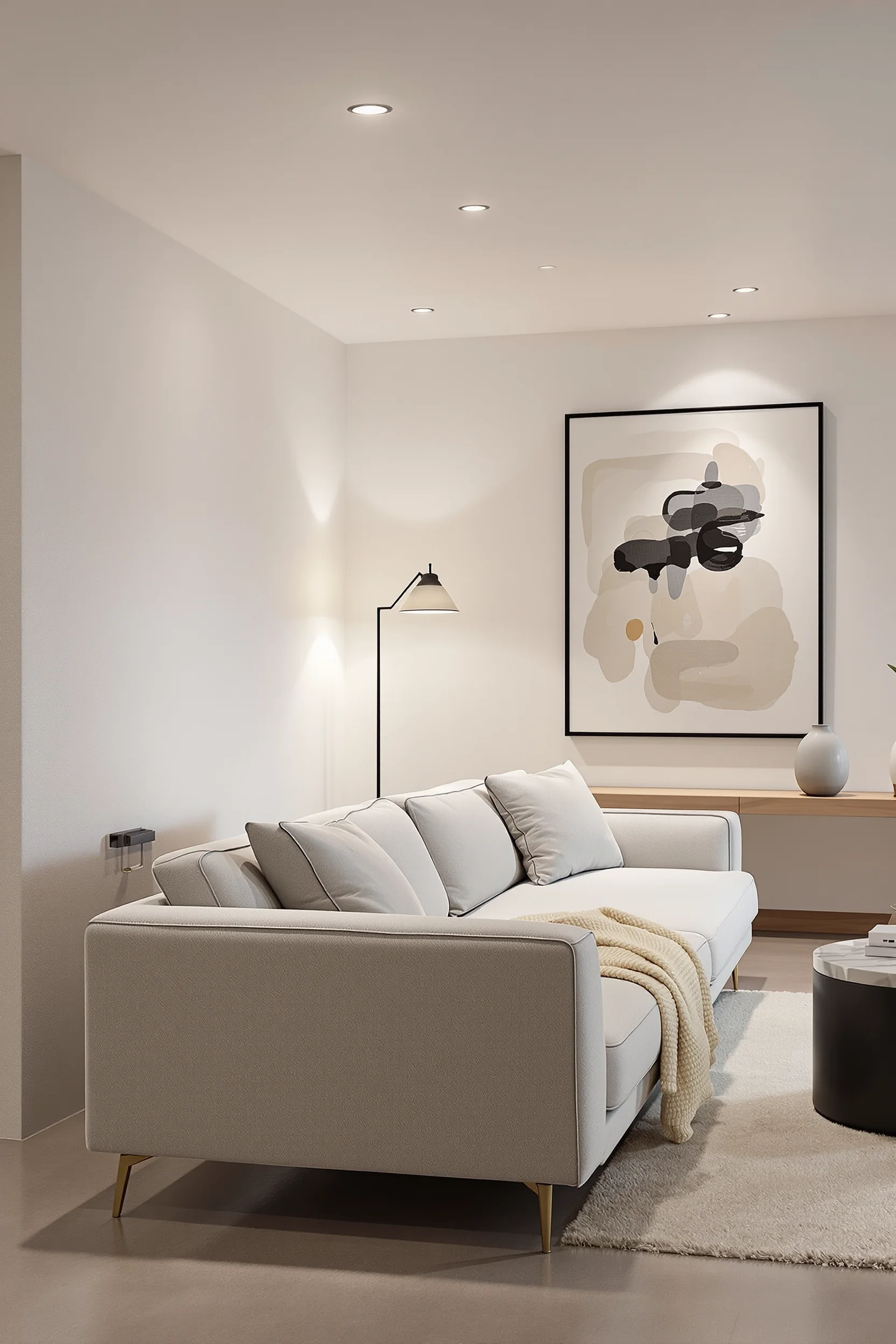 minimalist basement ideas featuring cream sofa polished concrete floors recessed lighting and abstract black framed art on white walls