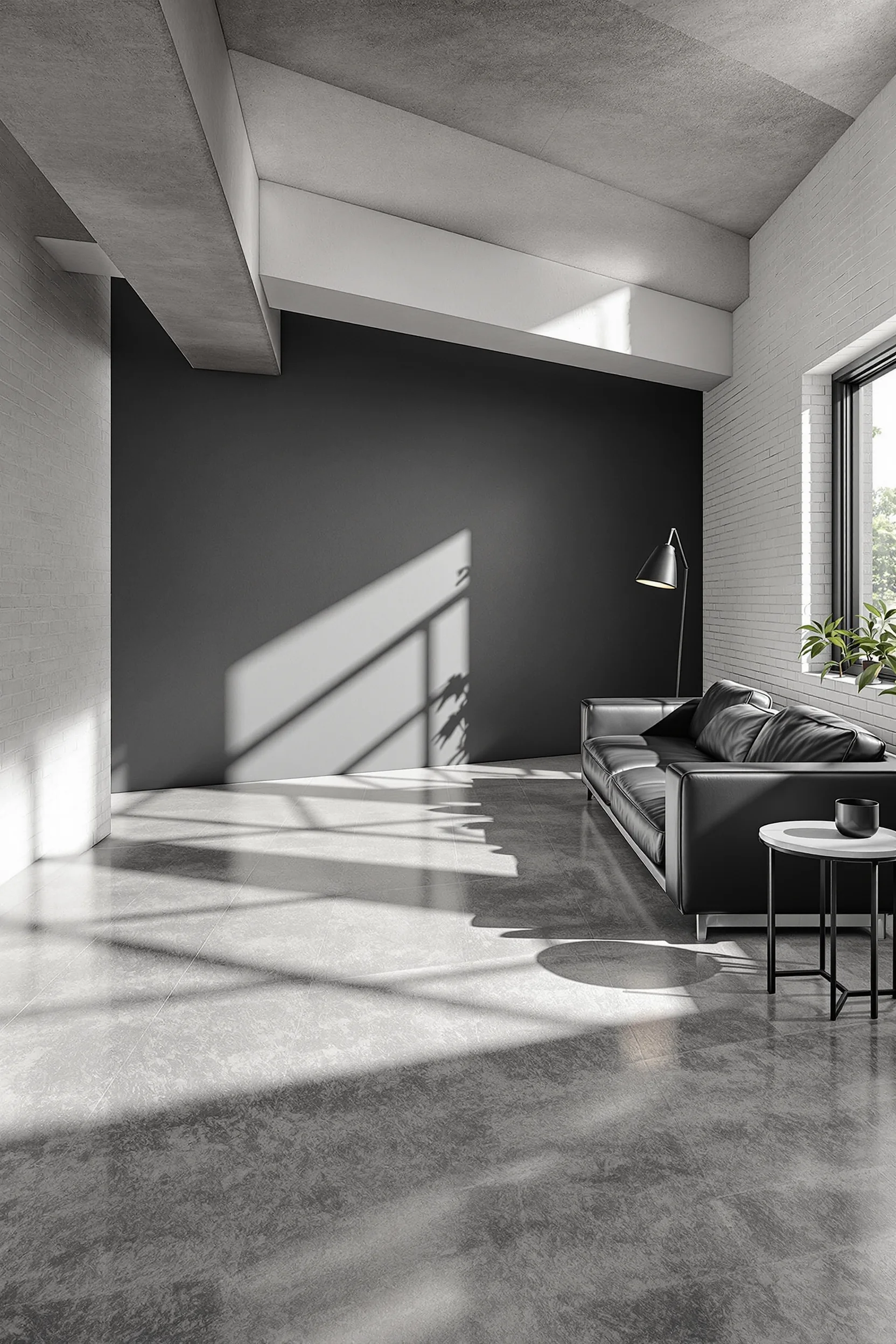 minimalist basement ideas featuring oversized grey tile flooring white brick wall charcoal accent wall dramatic natural window light