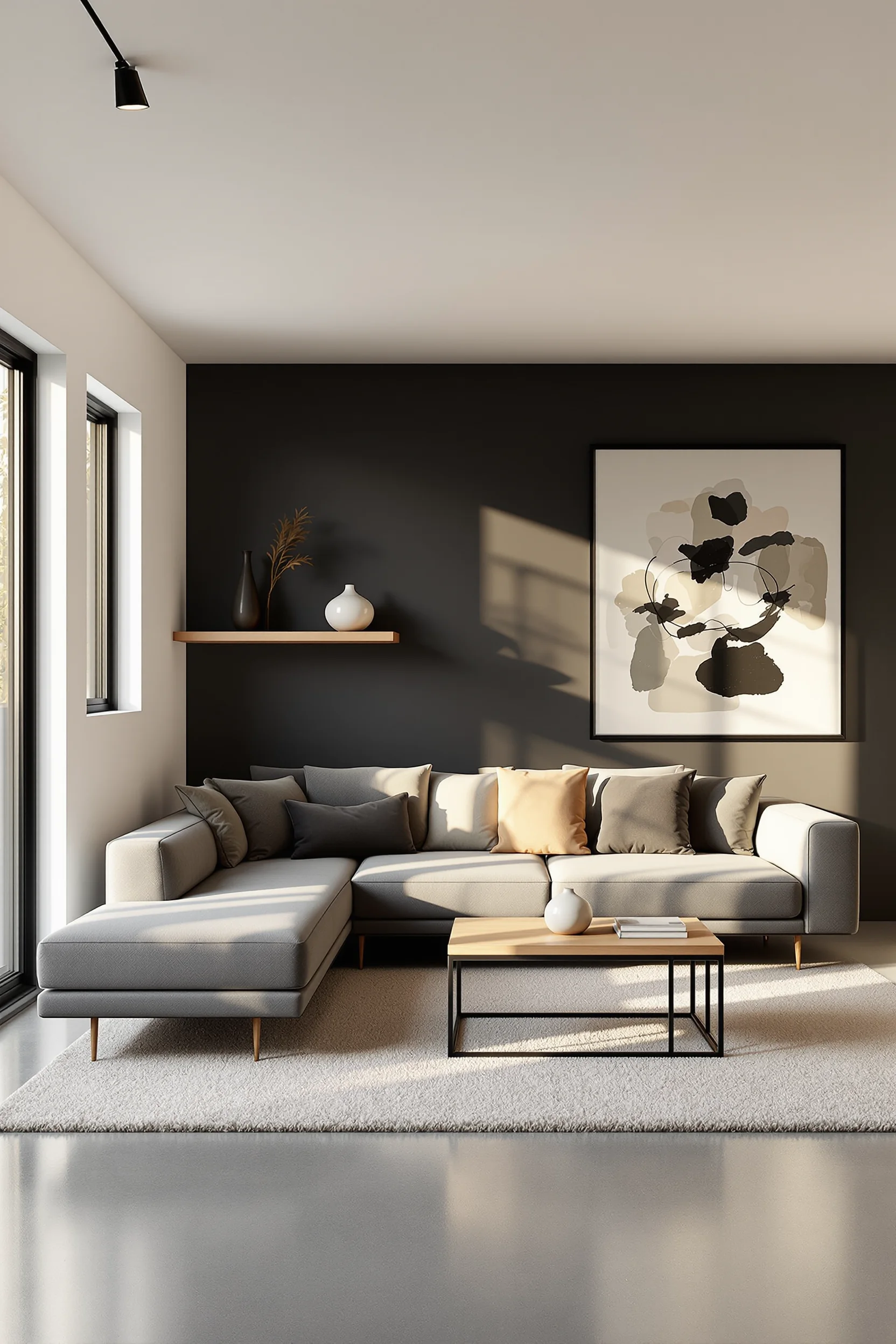 minimalist basement remodel aesthetics highlighting matte black steel furniture with golden hour window light