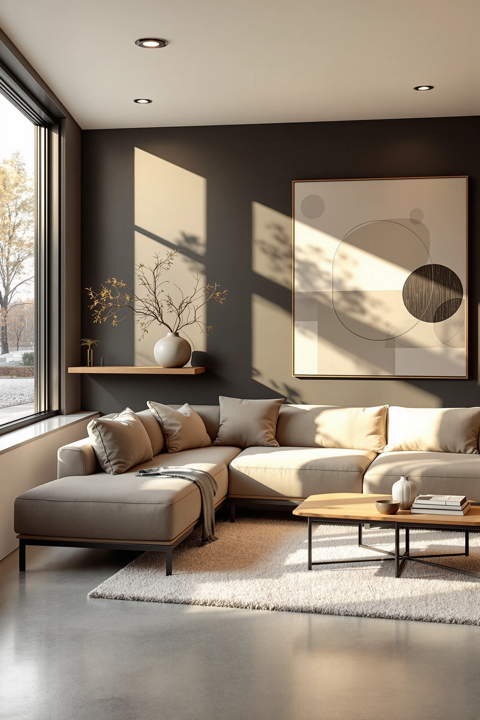 minimalist basement remodel designs showcasing polished concrete floors with plush area rug and floating oak shelf