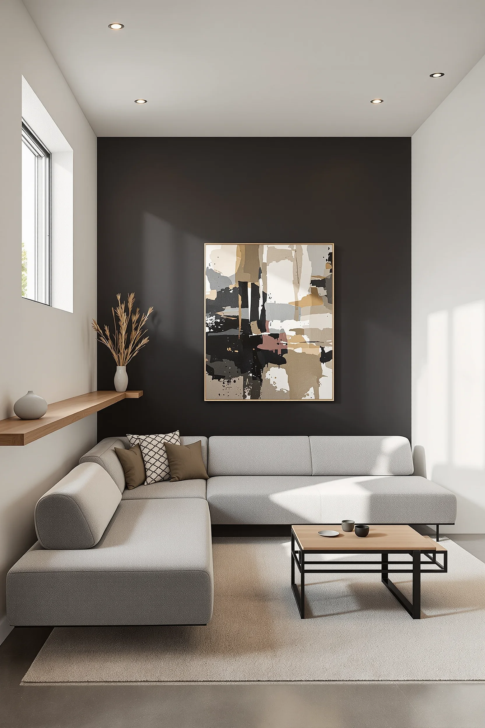 minimalist basement remodel ideas featuring charcoal accent wall with low profile sofa and warm natural lighting