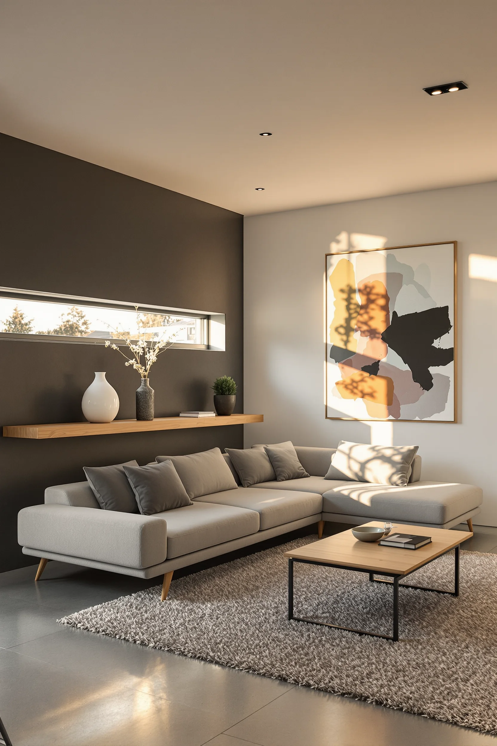 minimalist basement remodel inspiration displaying clean lined coffee table with single abstract art piece