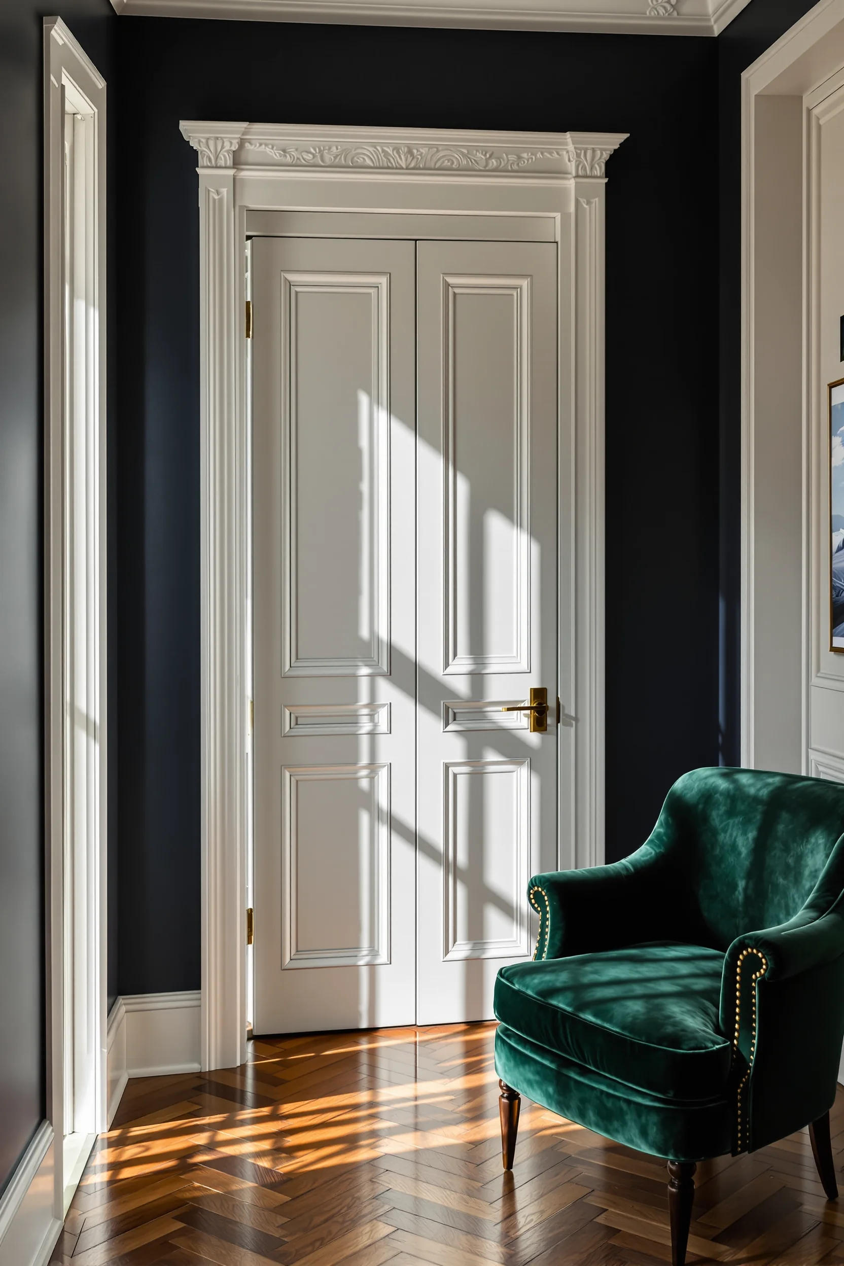 modern edwardian interiors living room ideas featuring elegant navy walls brass pocket door and herringbone flooring with natural light