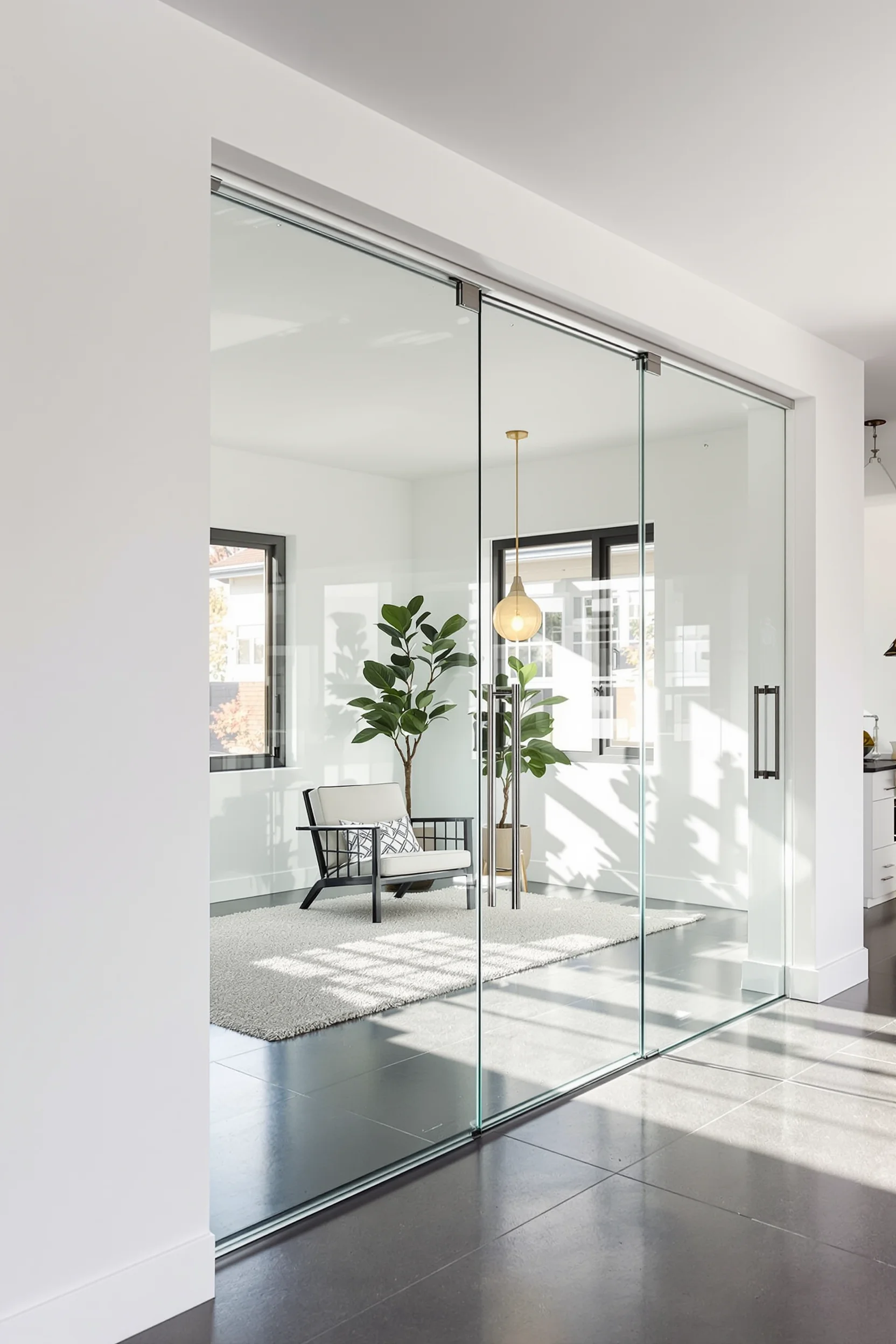 modern house design aesthetics displaying clean basement space with transparent partition and architectural pendant light