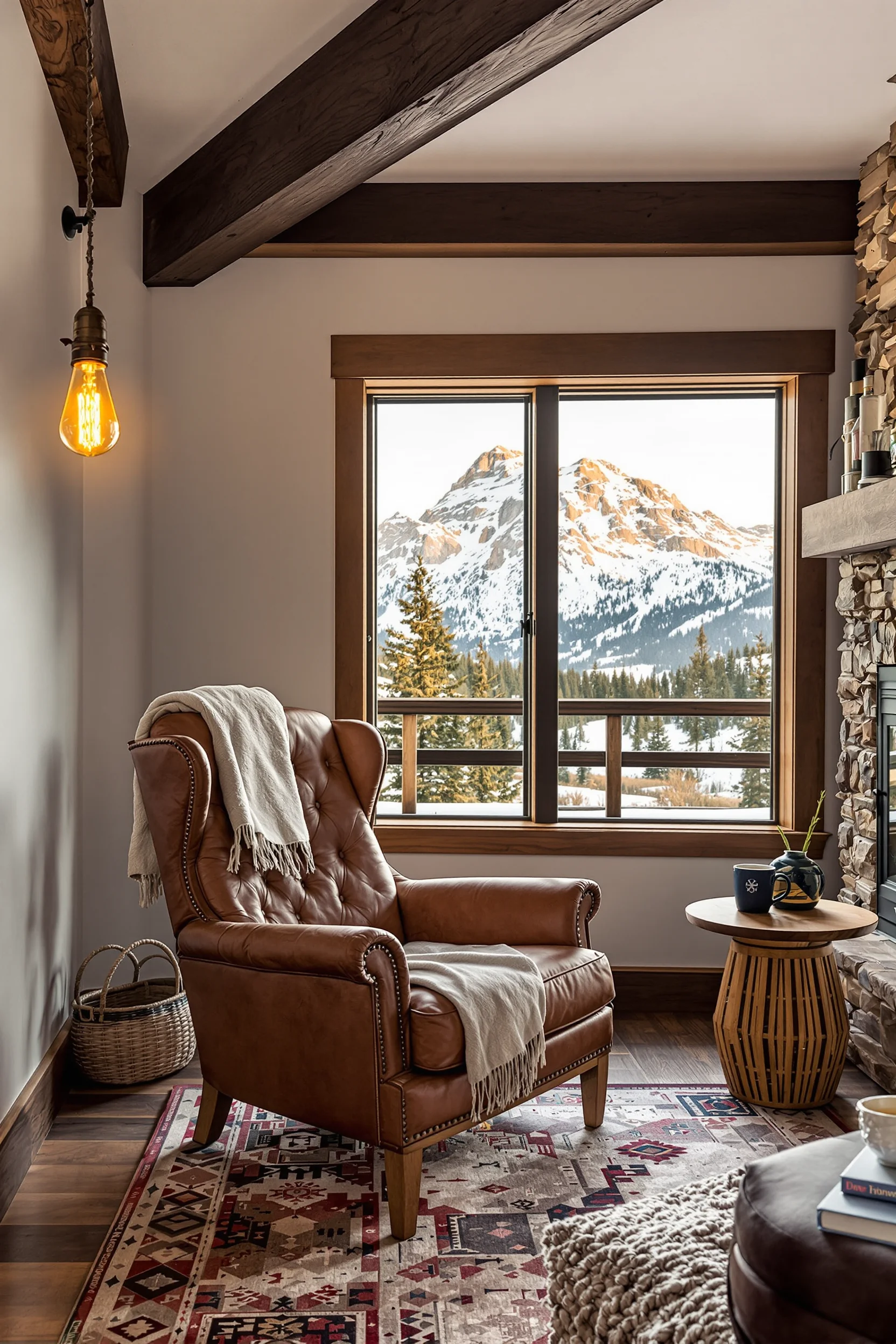 mountain home office decor designs showcasing dark wood beams against white shiplap walls with golden hour natural lighting