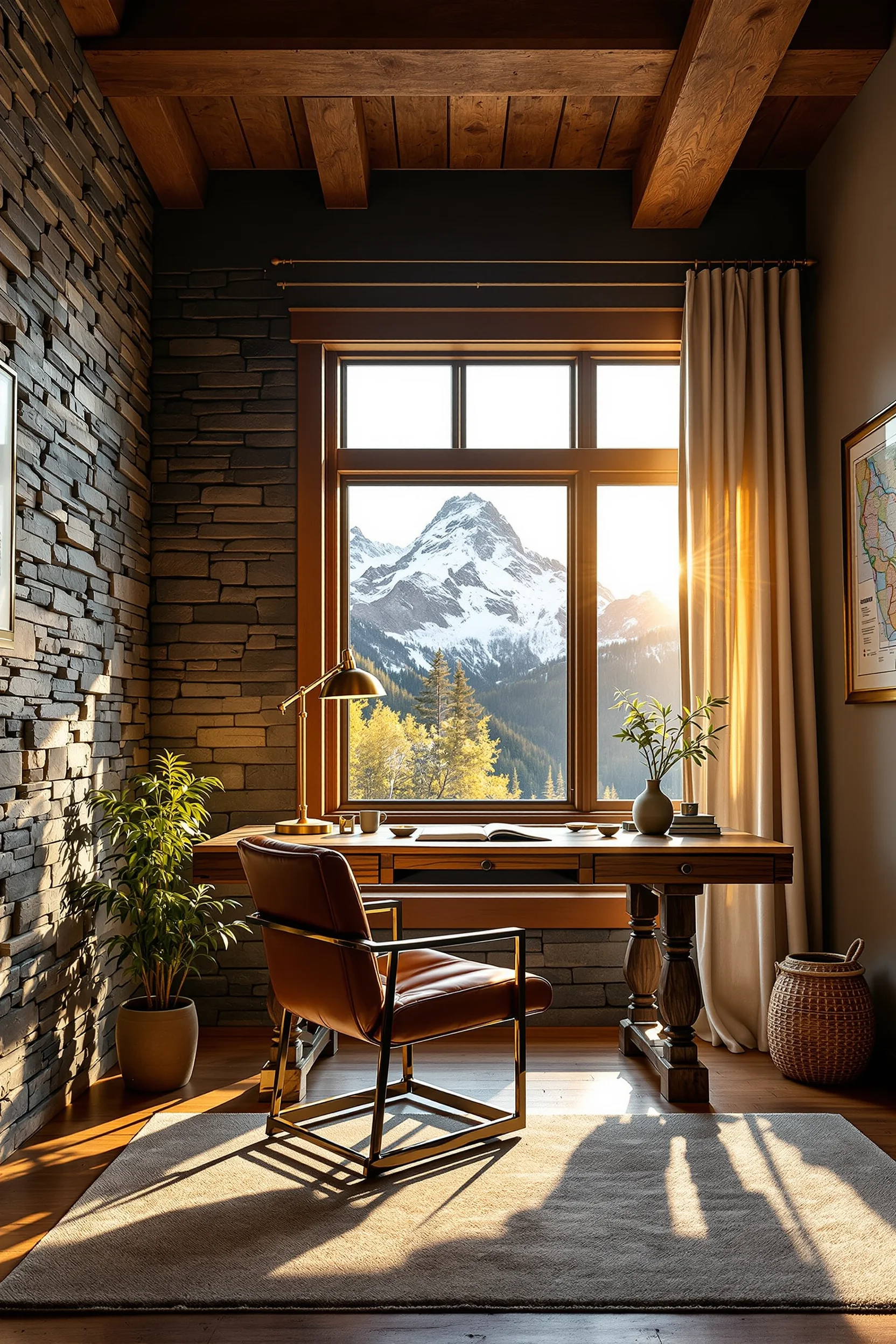 mountain home office designs showing rustic workspace with leather chair and live edge walnut desktop