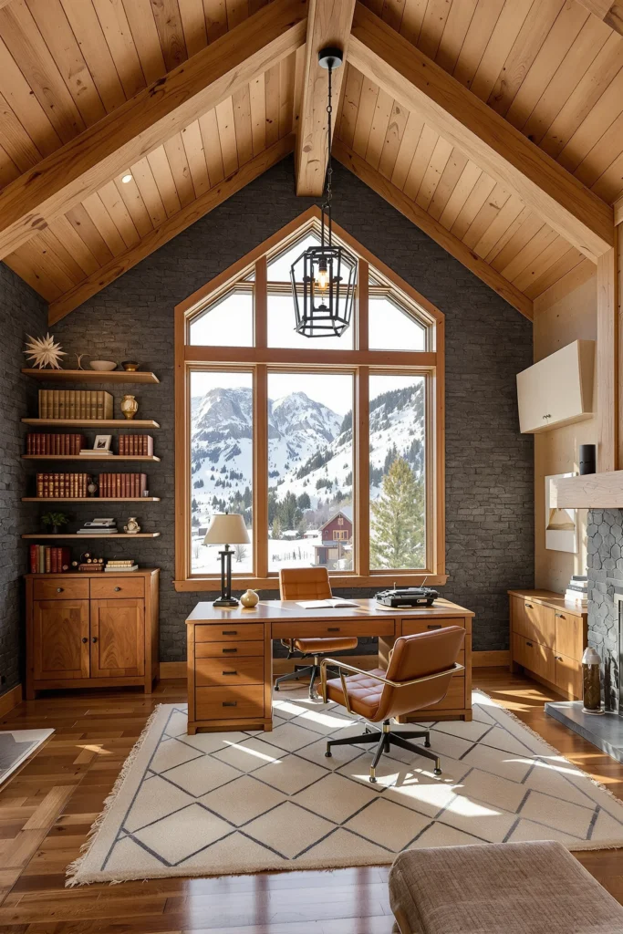 mountain home office ideas featuring timber ceiling beams stone accent wall and panoramic alpine window views with leather chair