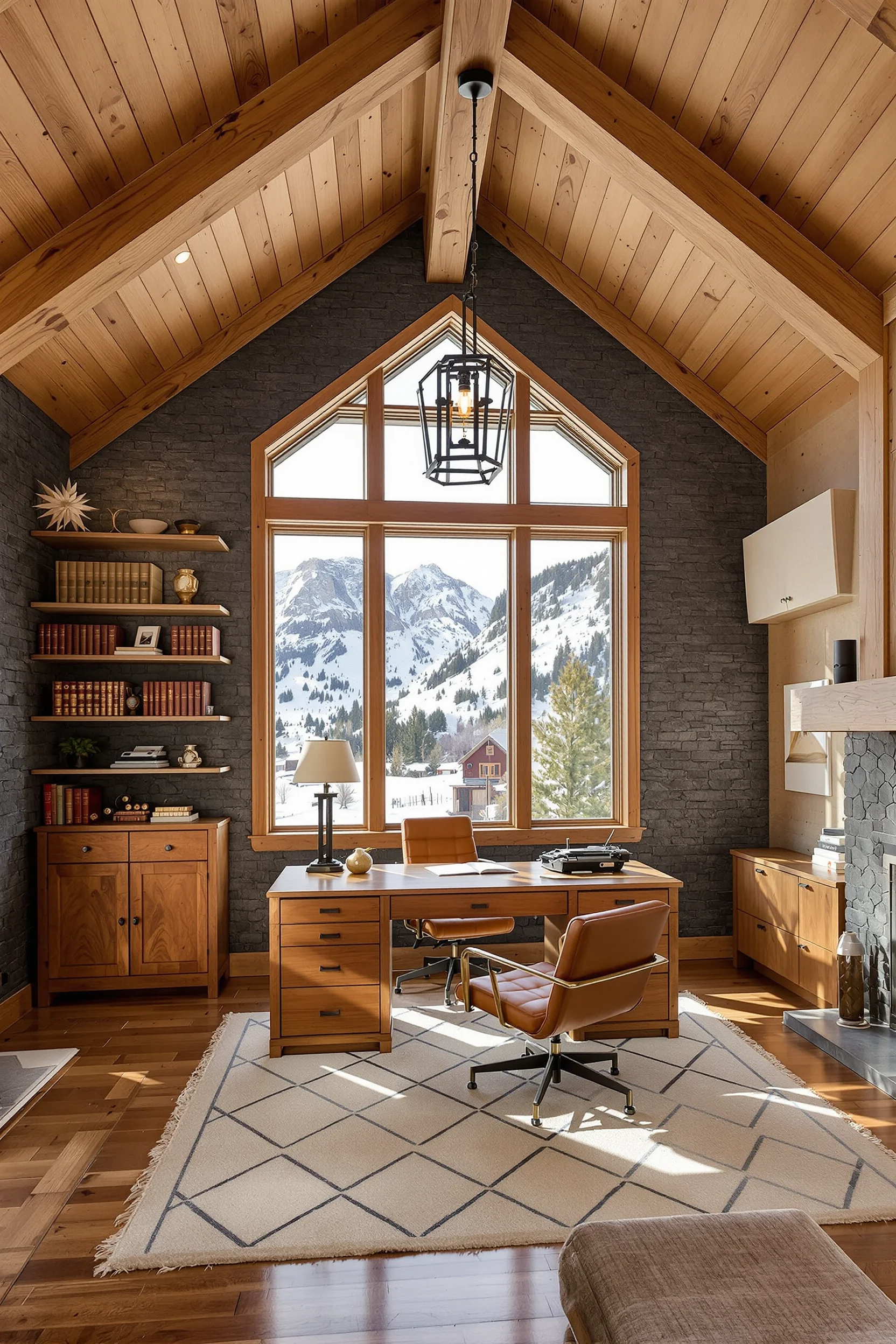 mountain home office ideas featuring timber ceiling beams stone accent wall and panoramic alpine window views with leather chair