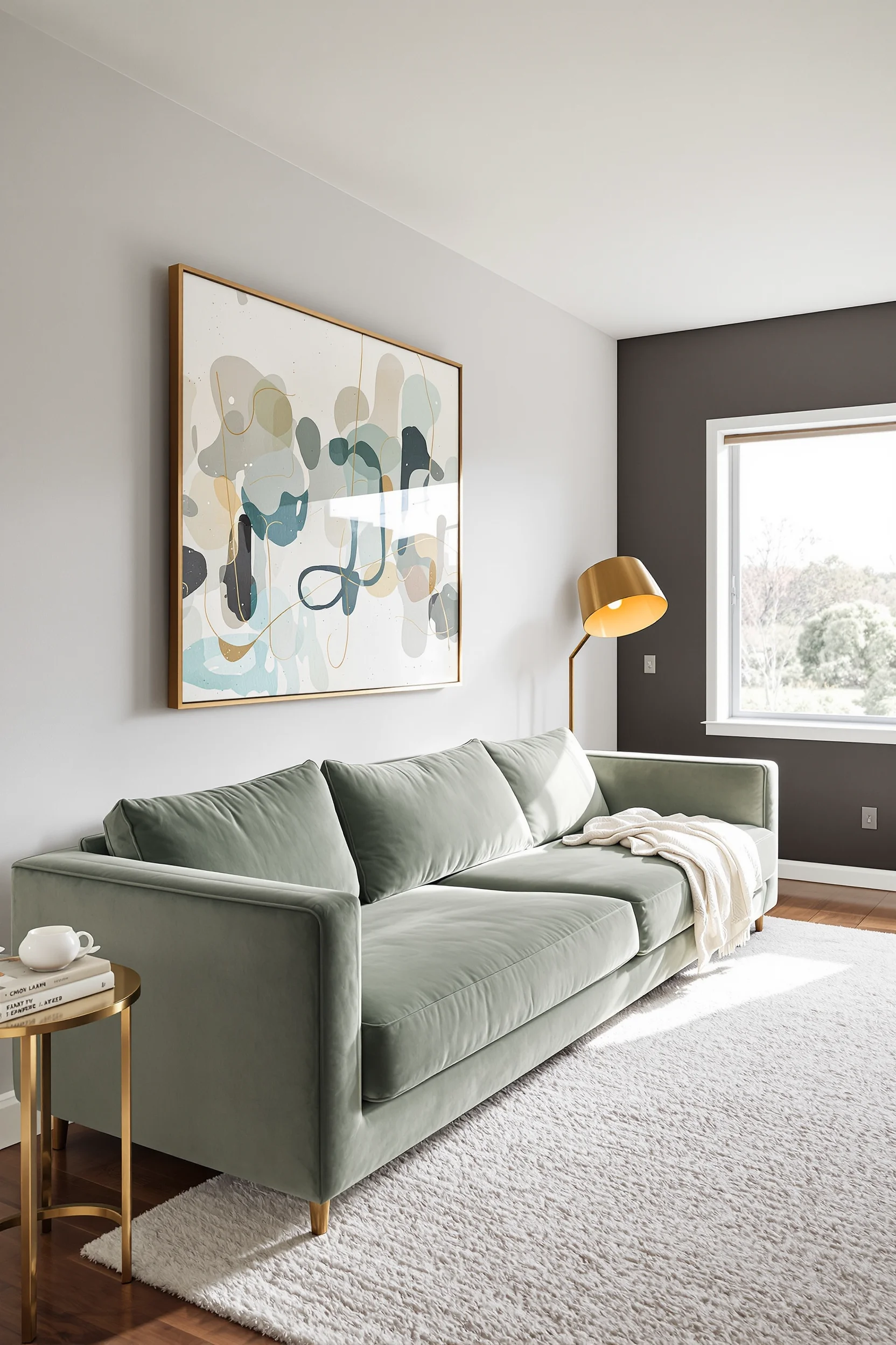 sage green aesthetic ideas featuring oversized velvet sofa against white shiplap wall with brass accents and warm lighting